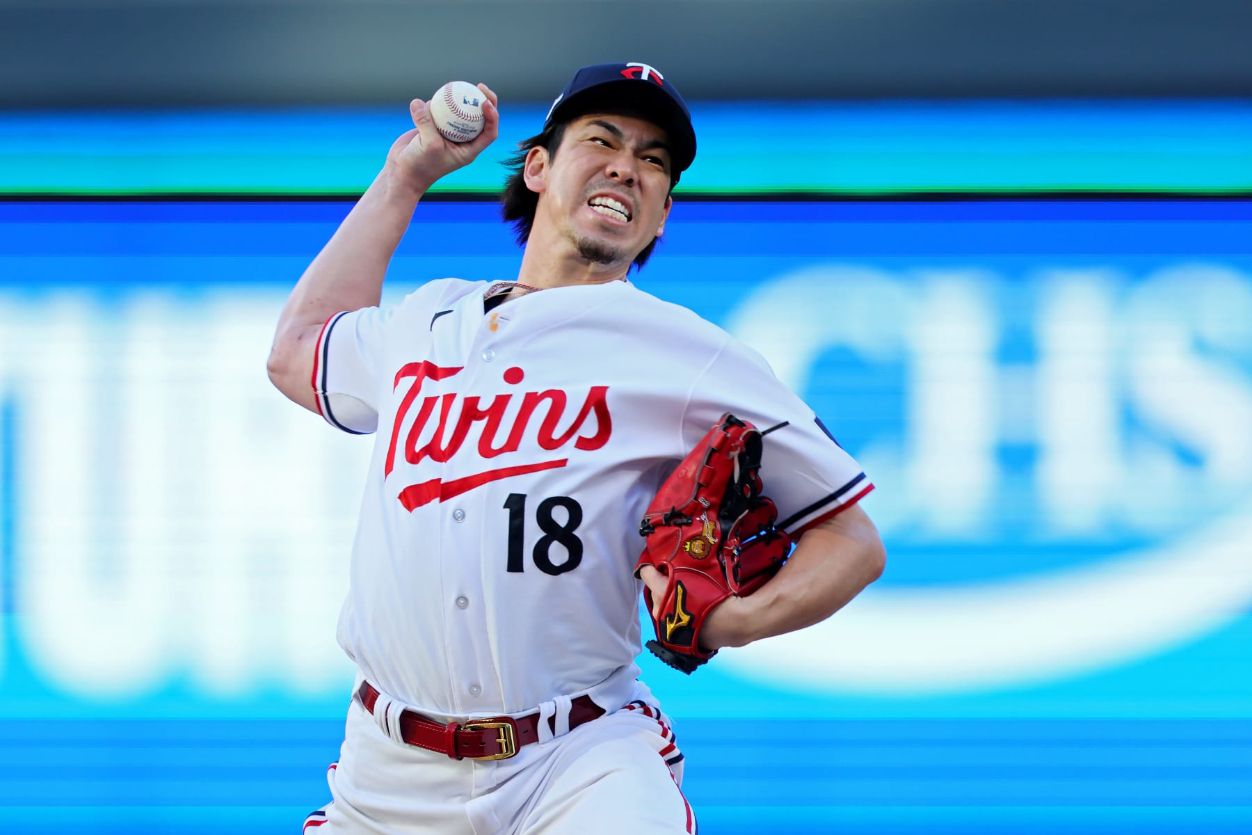 MINNEAPOLIS, MINNESOTA - OCTOBER 10: Kenta Maeda #18 of the Minnesota Twins pitches in the seventh inning against the Houston Astros during Game Three of the Division Series at Target Field on October 10, 2023 in Minneapolis, Minnesota. (Photo by Adam Bettcher/Getty Images)