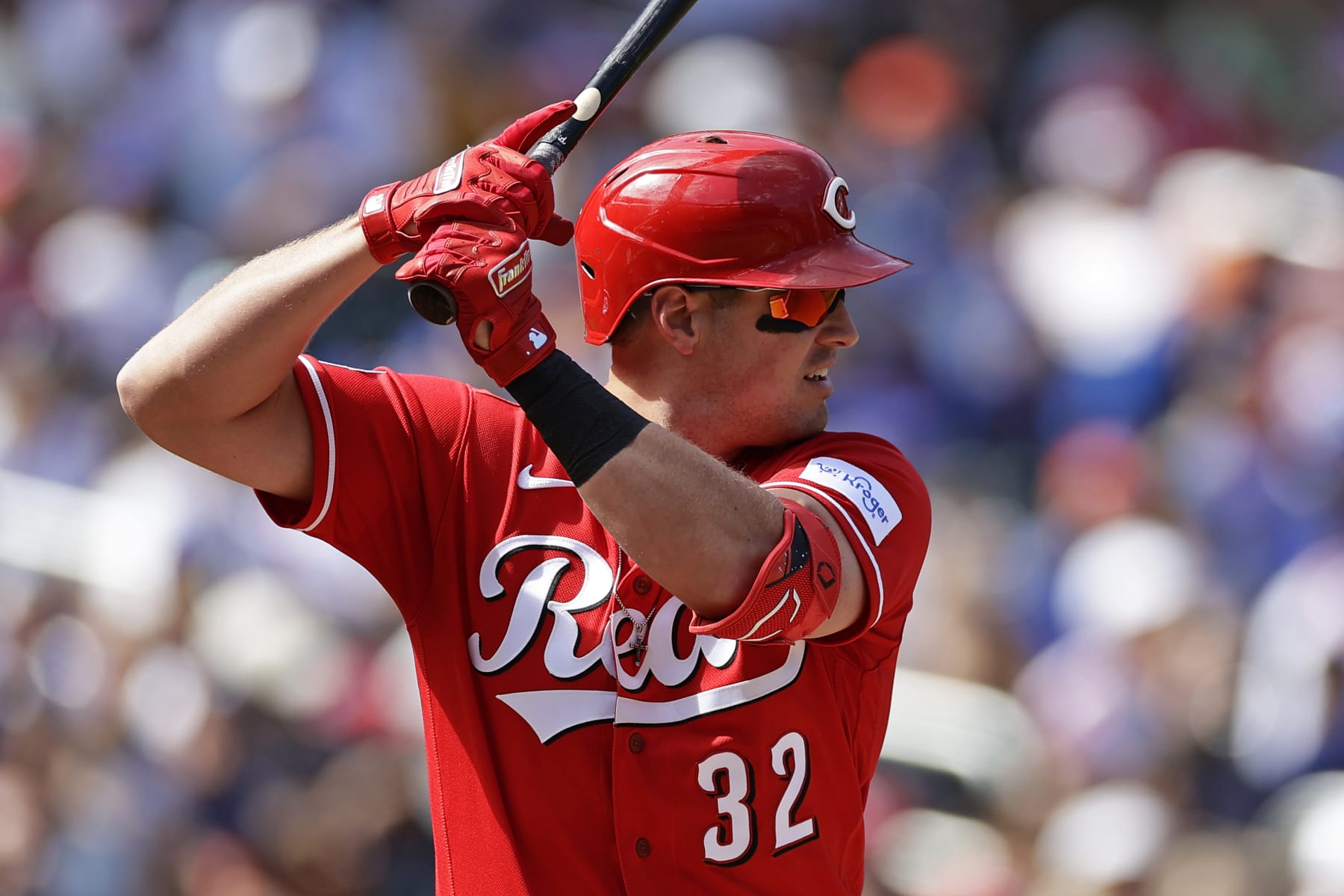 NEW YORK, NY - SEPTEMBER 17: Hunter Renfroe #32 of the Cincinnati Reds in action against the New York Mets during the first inning at Citi Field on September 17, 2023 in New York City. (Photo by Adam Hunger/Getty Images)