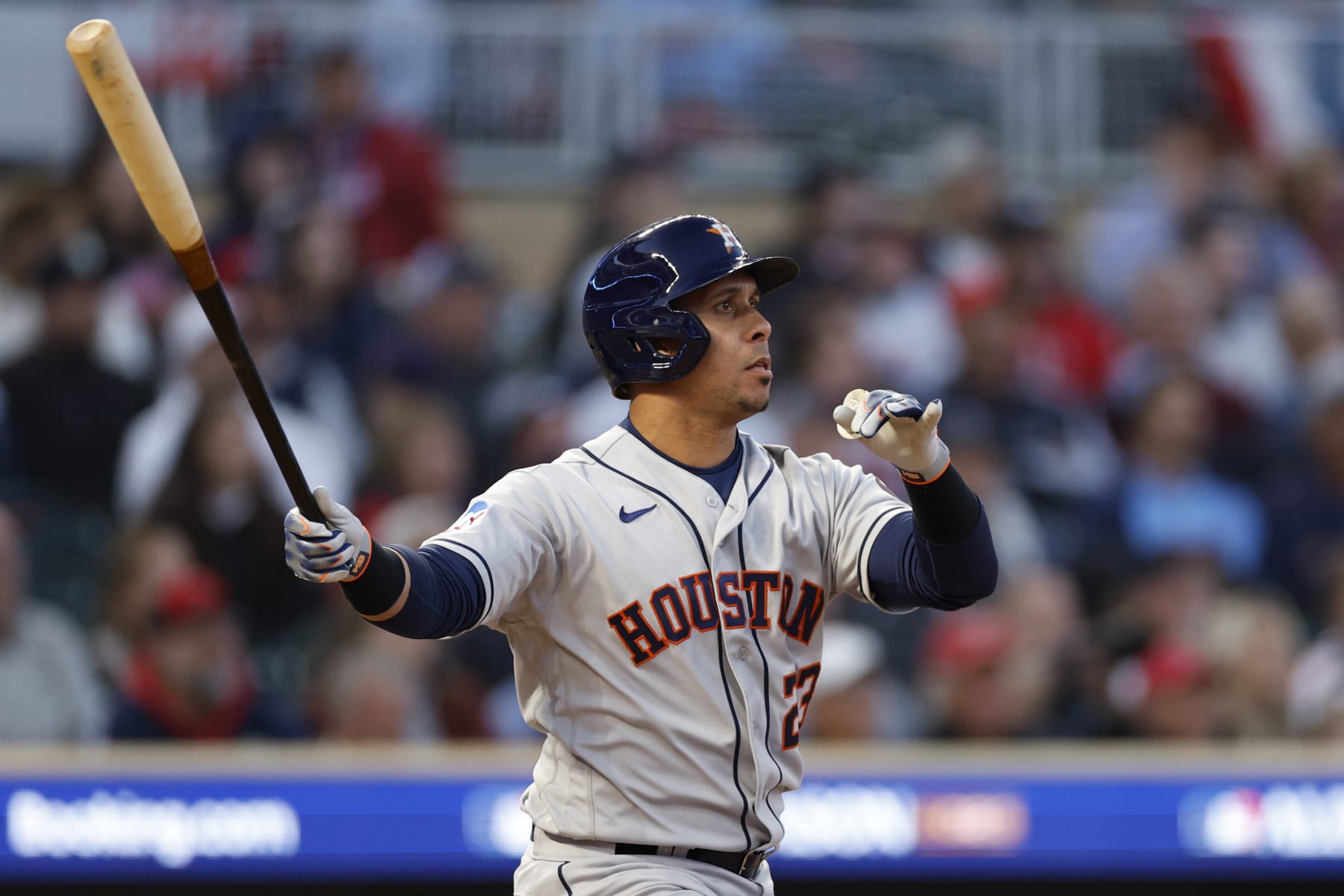 MINNEAPOLIS, MINNESOTA - OCTOBER 11: Michael Brantley #23 of the Houston Astros hits a solo home run against the Minnesota Twins during the second inning in Game Four of the Division Series at Target Field on October 11, 2023 in Minneapolis, Minnesota. (Photo by David Berding/Getty Images)