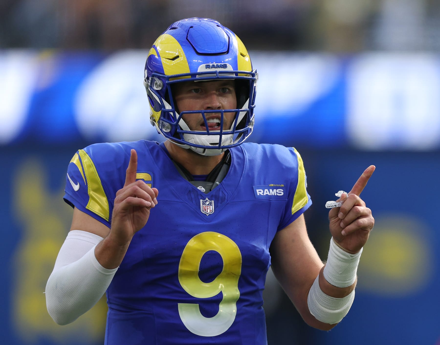 INGLEWOOD, CALIFORNIA - OCTOBER 22: Matthew Stafford #9 of the Los Angeles Rams reacts to a play by Puka Nacua #17 for a first down during a 24-17 loss to the Pittsburgh Steelers at SoFi Stadium on October 22, 2023 in Inglewood, California. (Photo by Harry How/Getty Images)