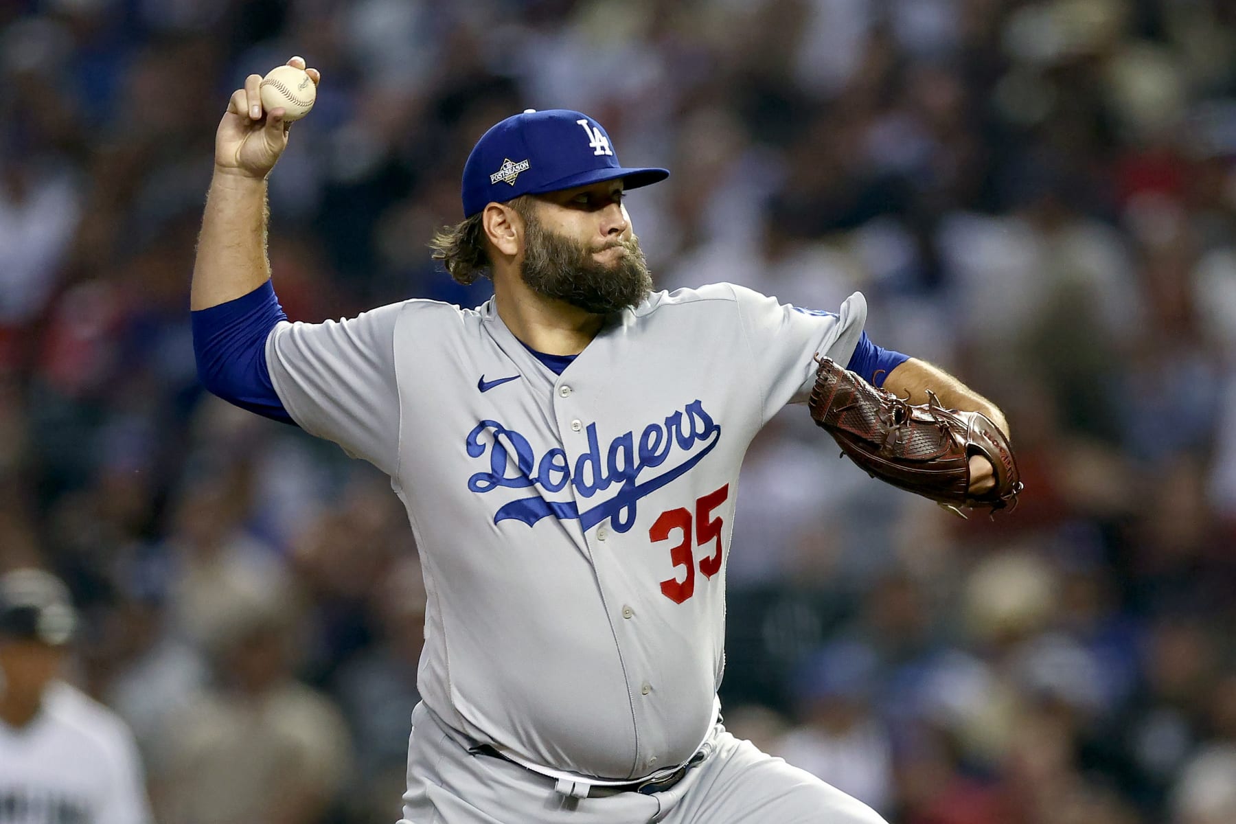 PHOENIX, ARIZONA - OCTOBER 11: Lance Lynn #35 of the Los Angeles Dodgers pitches in the first inning against the Arizona Diamondbacks during Game Three of the Division Series at Chase Field on October 11, 2023 in Phoenix, Arizona. (Photo by Elsa/Getty Images)