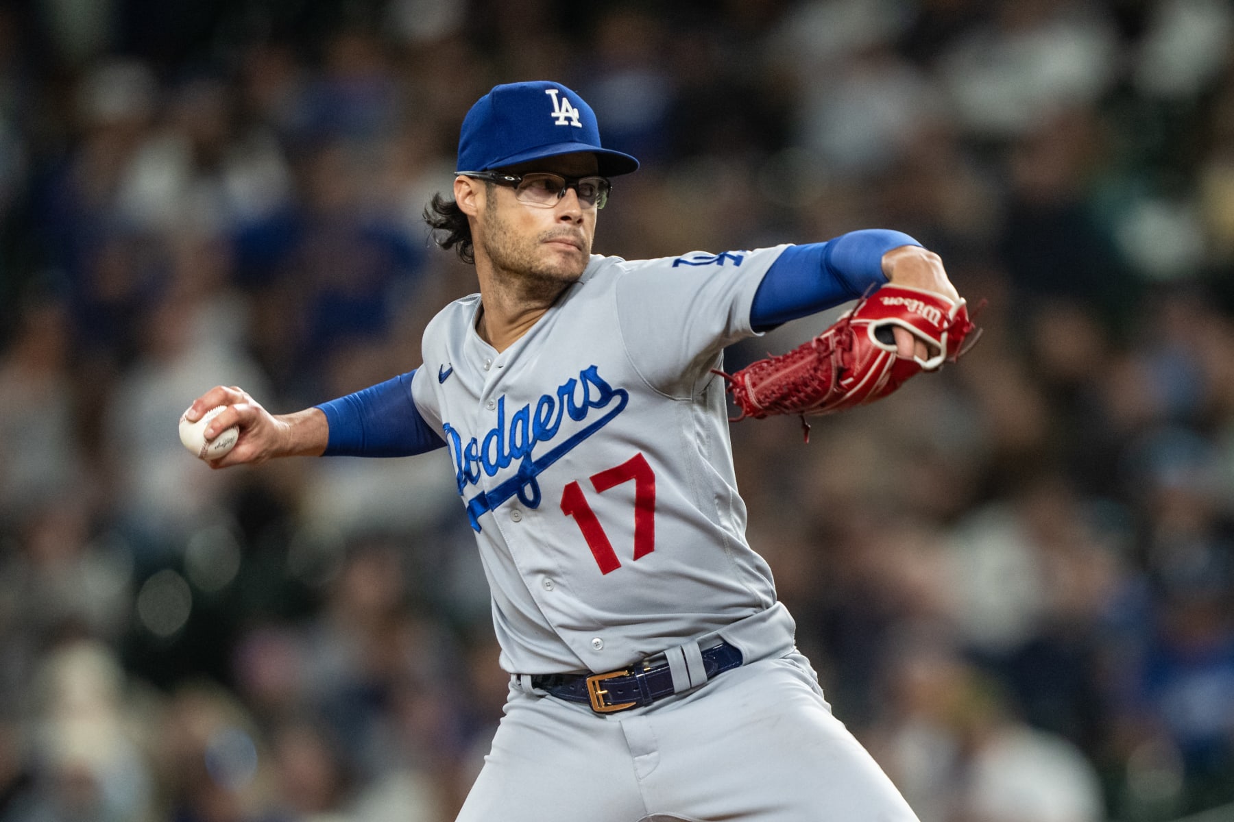 SEATTLE, WA - SEPTEMBER 16: Los Angeles Dodgers reliever Joe Kelly #17 of the Los Angeles Dodgers delivers a pitch during the eleventh inning of a games against the Seattle Mariners at T-Mobile Park on September 16, 2023 in Seattle, Washington. The Dodgers won 6-2 in 11 innings. (Photo by Stephen Brashear/Getty Images)