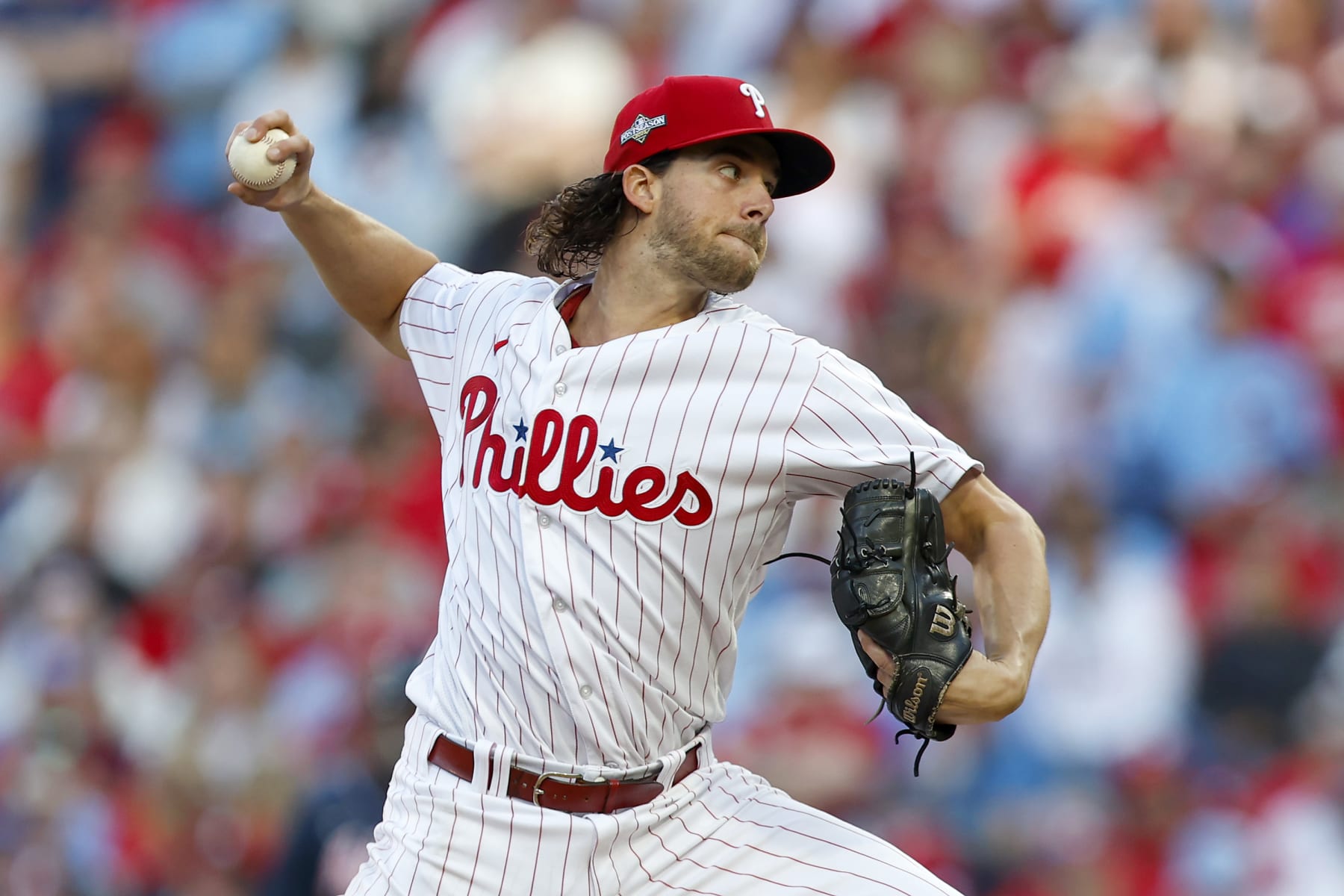 PHILADELPHIA, PENNSYLVANIA - OCTOBER 11: Aaron Nola #27 of the Philadelphia Phillies throws a pitch against the Atlanta Braves during the second inning in Game Three of the Division Series at Citizens Bank Park on October 11, 2023 in Philadelphia, Pennsylvania. (Photo by Rich Schultz/Getty Images)
