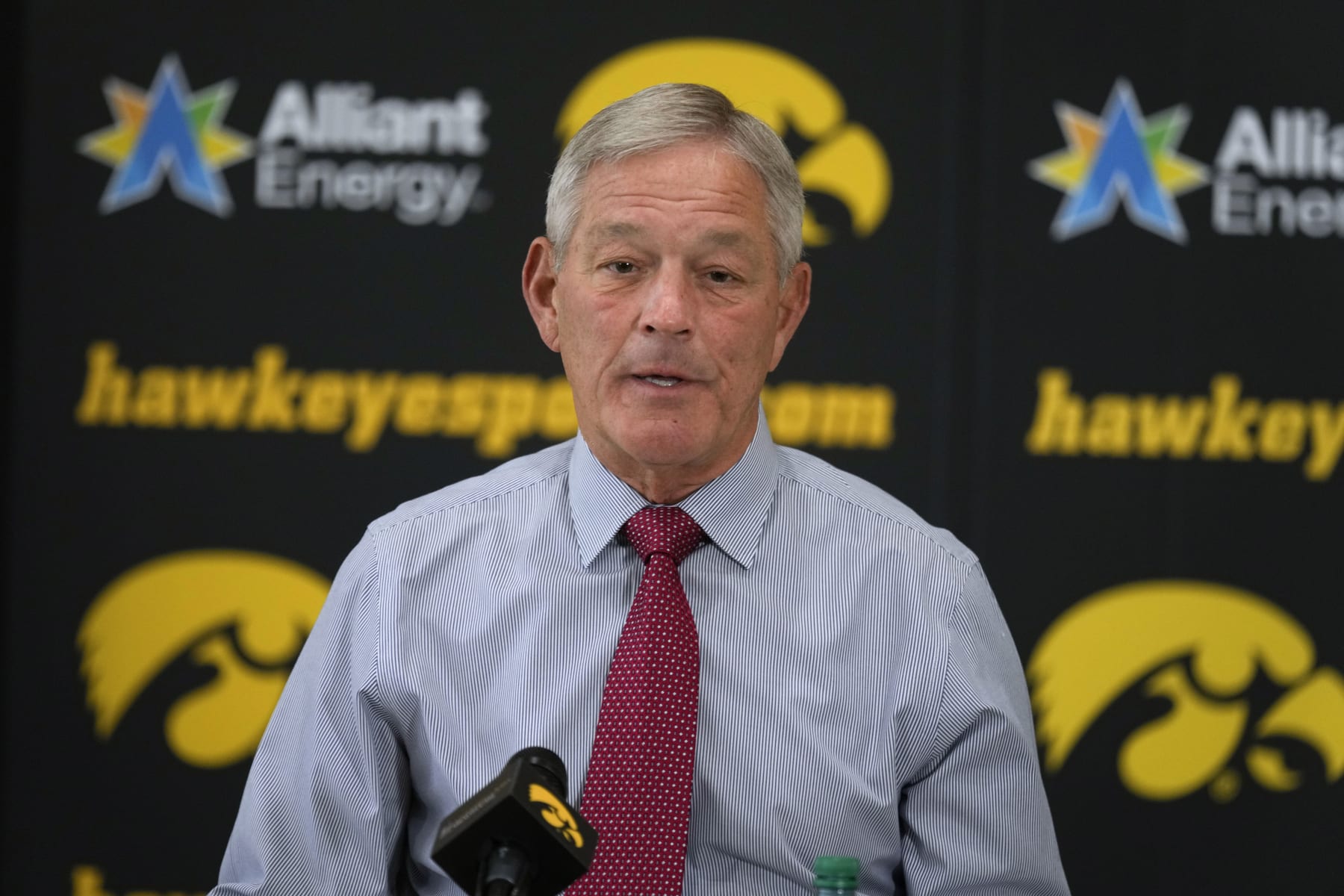 Iowa head coach Kirk Ferentz speaks during a news conference, Tuesday, Oct. 31, 2023, in Iowa City, Iowa. Iowa interim athletic director Beth Goetz announced on Monday that Ferentz's son, Brian, would not return as offensive coordinator next year. (AP Photo/Charlie Neibergall)