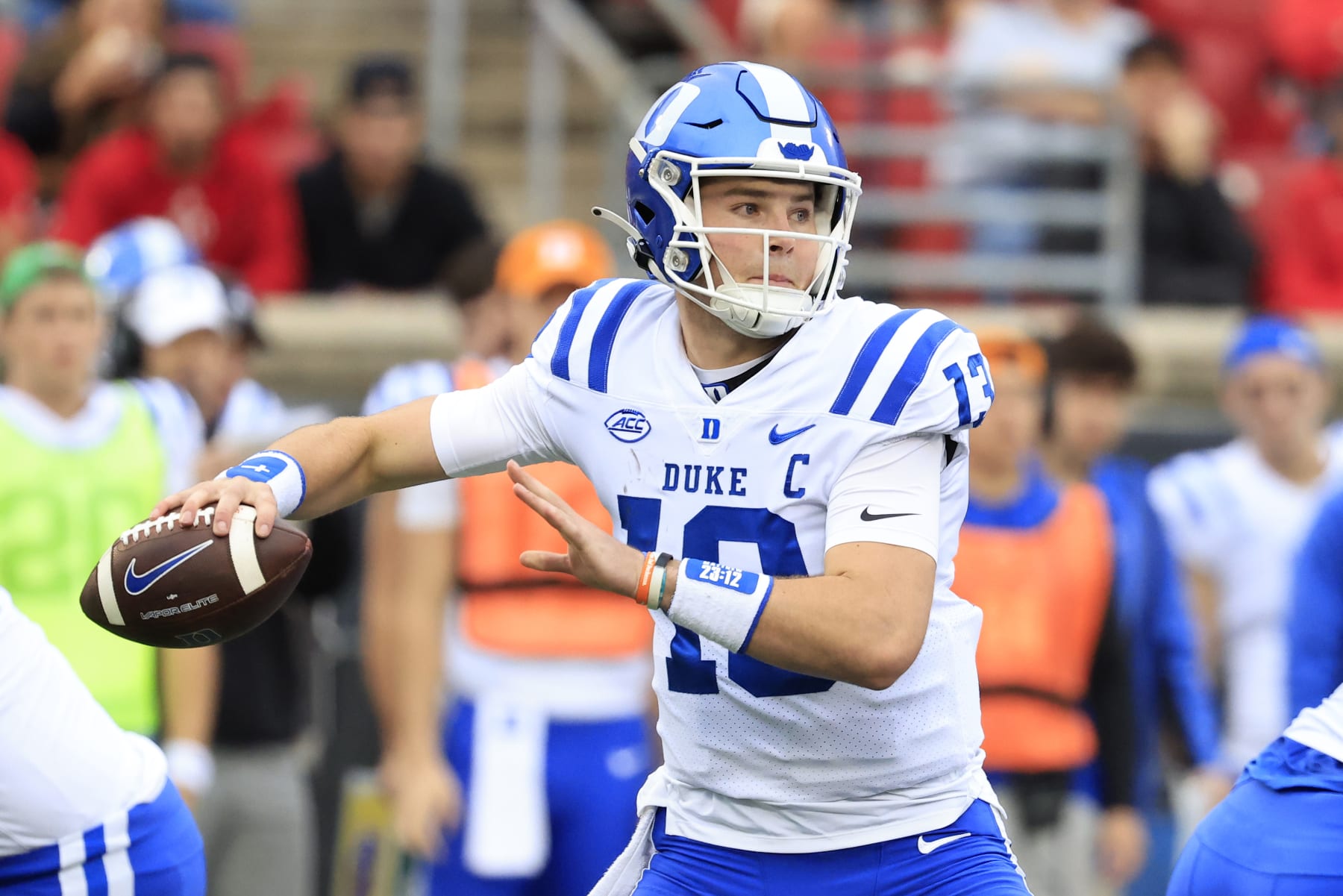 LOUISVILLE, KENTUCKY - OCTOBER 28: Riley Leonard #13 of the Duke Blue Devils throws a pass in the game against the Louisville Cardinals at Cardinal Stadium on October 28, 2023 in Louisville, Kentucky. (Photo by Justin Casterline/Getty Images)