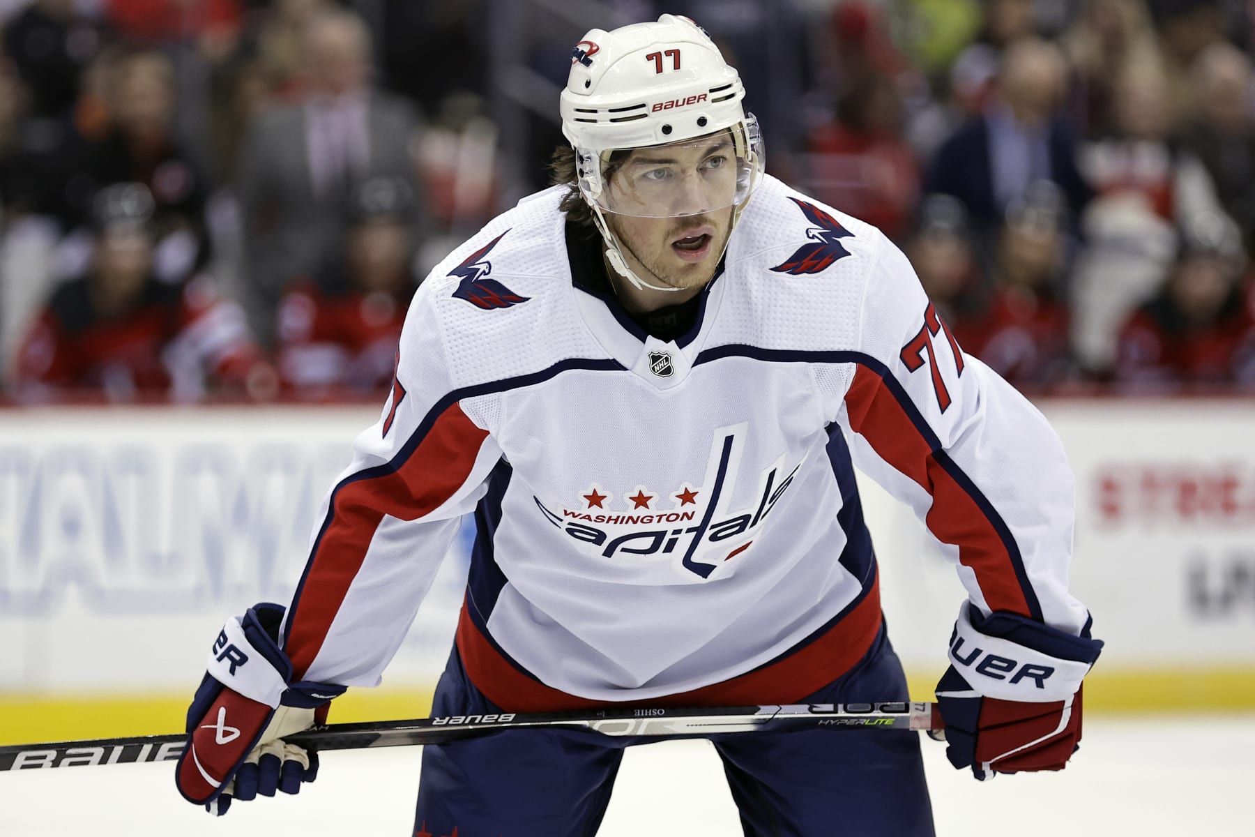 Washington Capitals right wing T.J. Oshie (77) in action against the New Jersey Devils during the first period of an NHL hockey game Wednesday, Oct. 25, 2023, in Newark, N.J. (AP Photo/Adam Hunger)