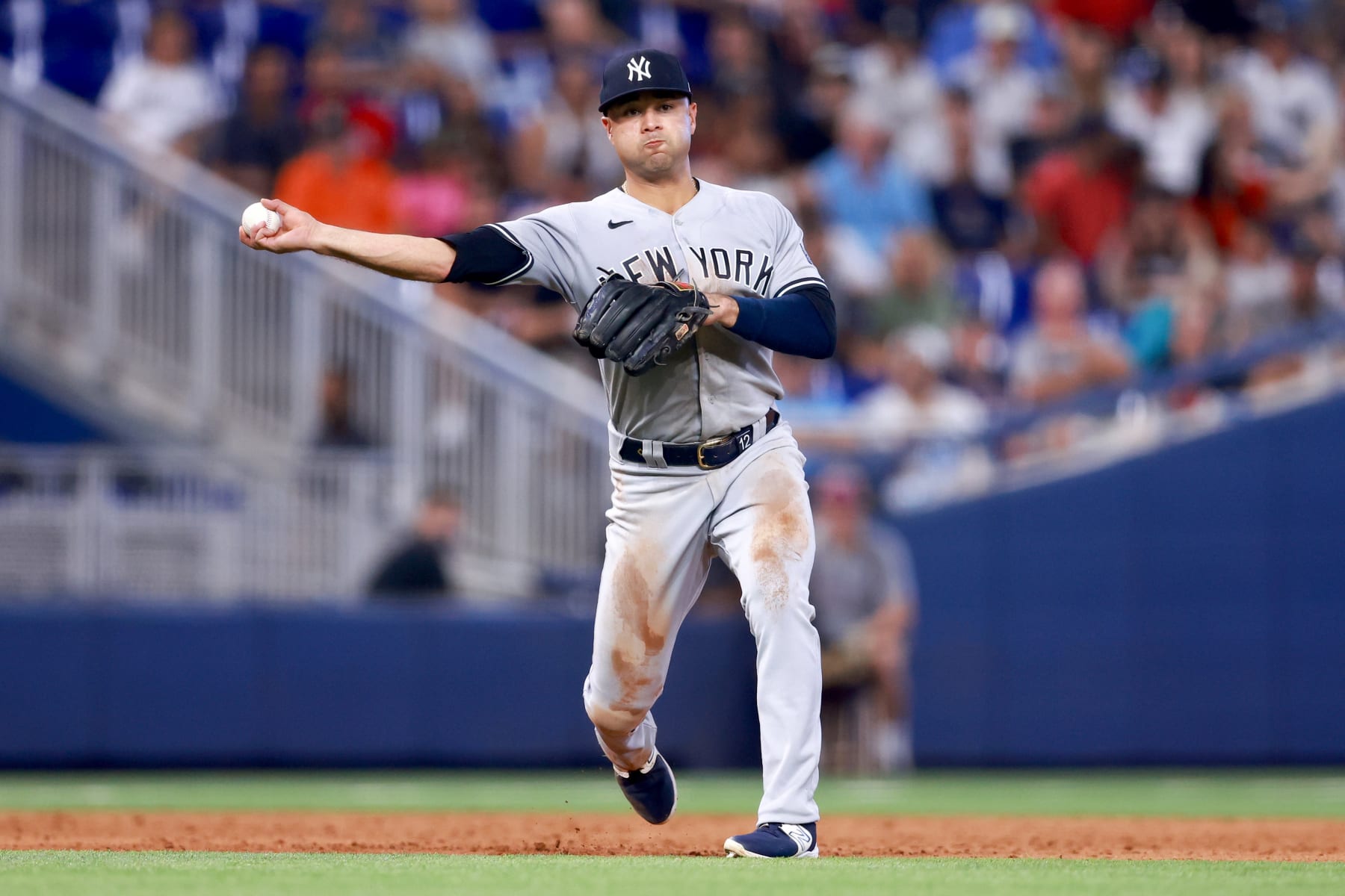 MIAMI, FLORIDA - AUGUST 12: Isiah Kiner-Falefa #12 of the New York Yankees in action against the Miami Marlins during the eighth inning at loanDepot park on August 12, 2023 in Miami, Florida. (Photo by Megan Briggs/Getty Images)
