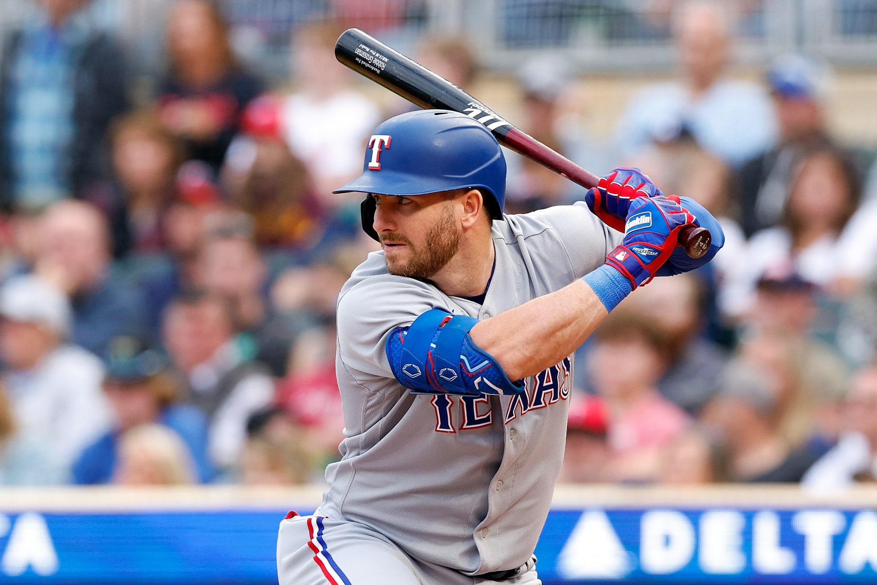 MINNEAPOLIS, MINNESOTA - AUGUST 26: Robbie Grossman #4 of the Texas Rangers takes an at-bat against the Minnesota Twins in the second inning at Target Field on August 26, 2023 in Minneapolis, Minnesota. The Rangers defeated the Twins 6-2. (Photo by David Berding/Getty Images)