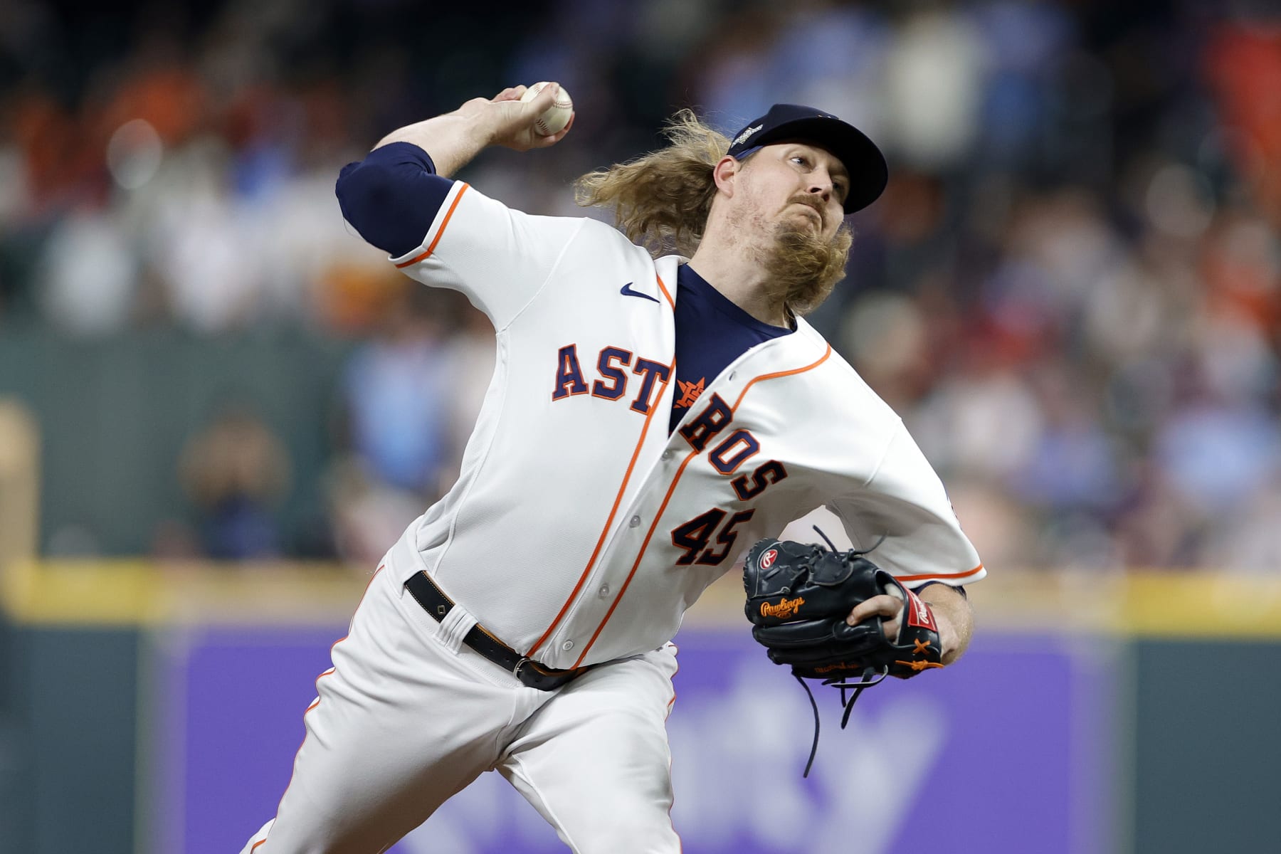 HOUSTON, TEXAS - OCTOBER 23: Ryne Stanek #45 of the Houston Astros throws a pitch against the Texas Rangers during the ninth inning in Game Seven of the American League Championship Series at Minute Maid Park on October 23, 2023 in Houston, Texas. (Photo by Carmen Mandato/Getty Images)