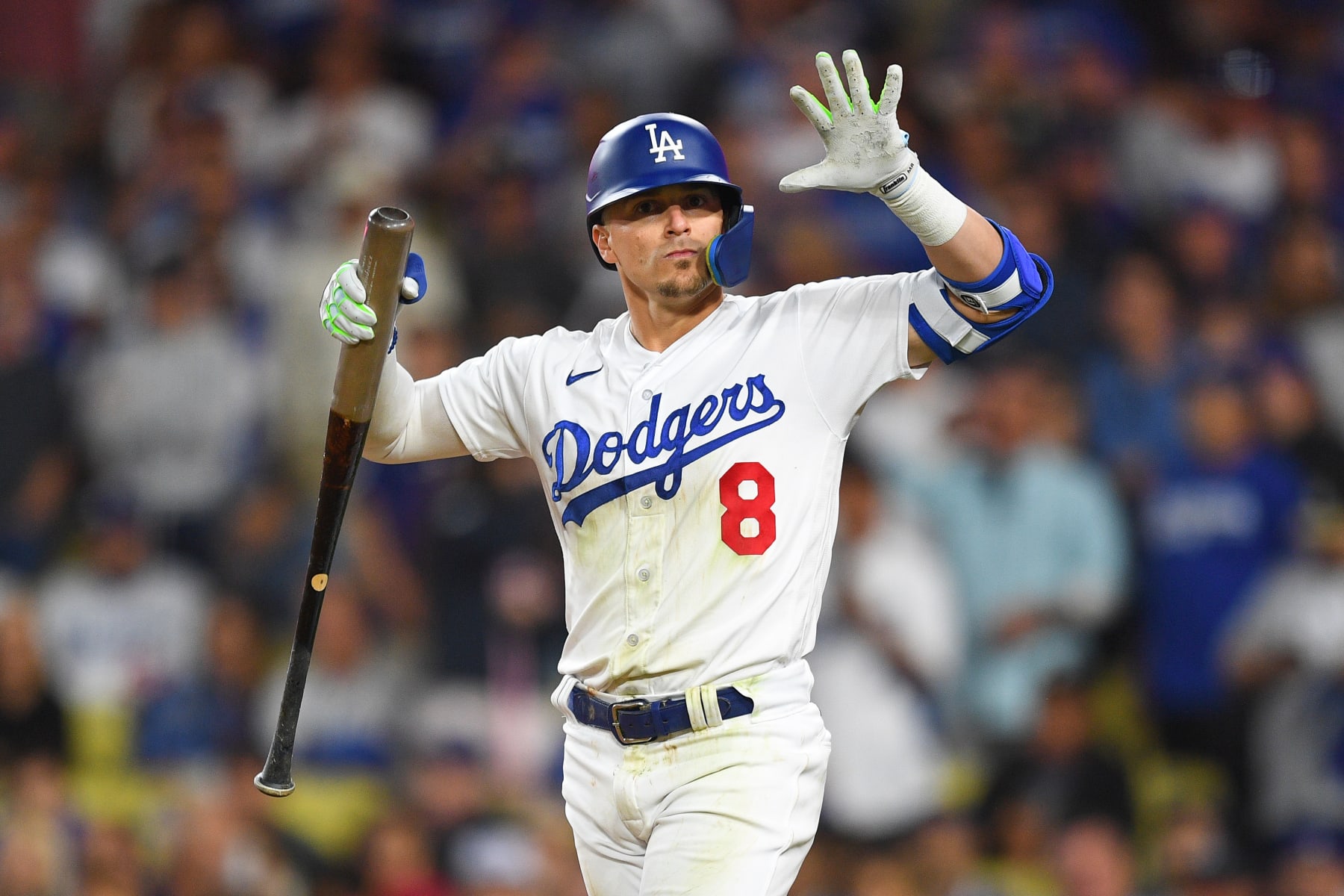 LOS ANGELES, CA - OCTOBER 09: Los Angeles Dodgers shortstop Enrique Hernandez (8) reacts to a strike during the MLB NLDS Game 1 between the Arizona Diamondbacks and the Los Angeles Dodgers on October 9, 2023 at Dodger Stadium in Los Angeles, CA. (Photo by Brian Rothmuller/Icon Sportswire via Getty Images)