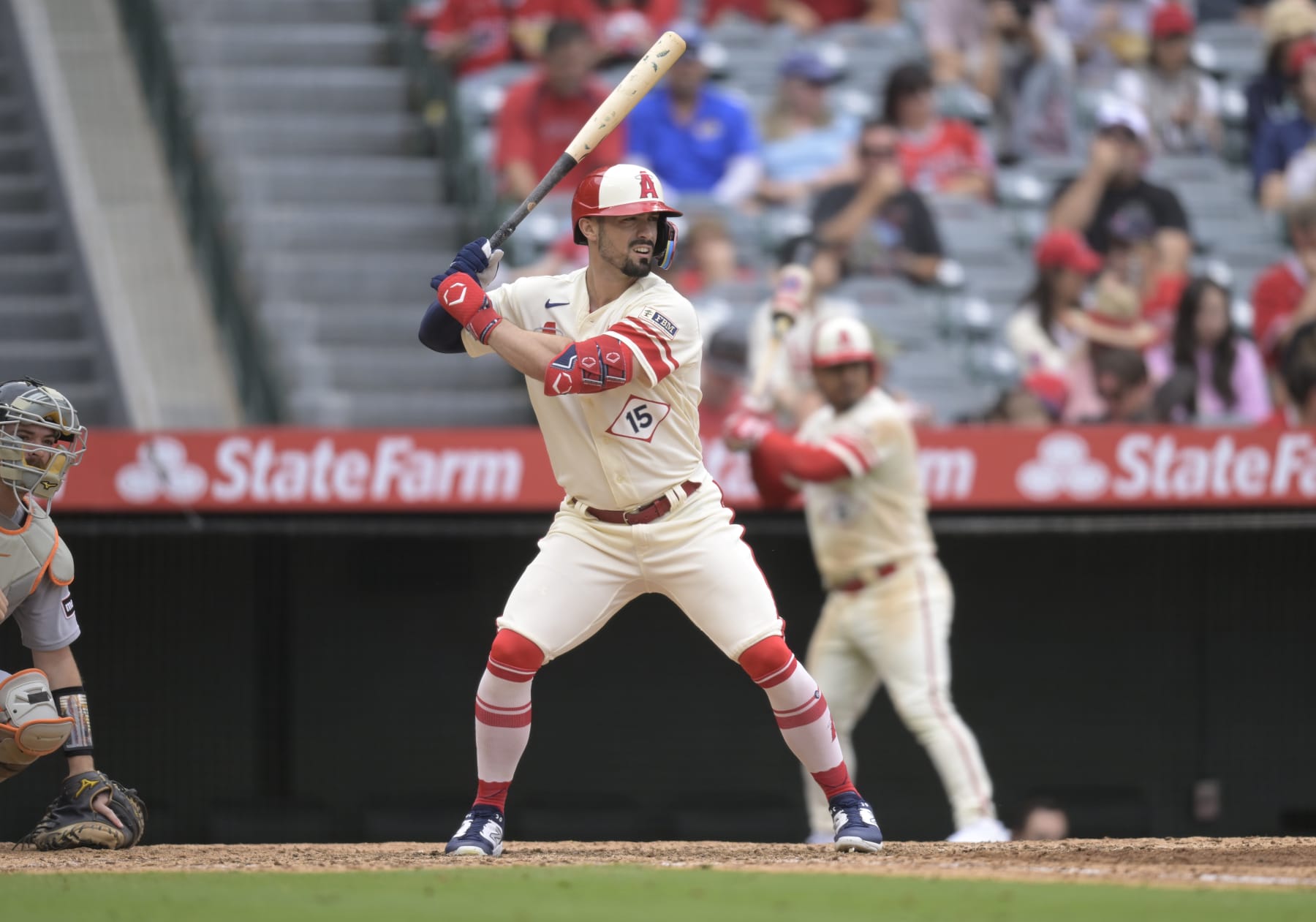 ANAHEIM, CALIFORNIA - SEPTEMBER 17: Randal Grichuk #15 of the Los Angeles Angels at bat against the Detroit Tigers at Angel Stadium of Anaheim on September 17, 2023 in Anaheim, California. (Photo by John McCoy/Getty Images)