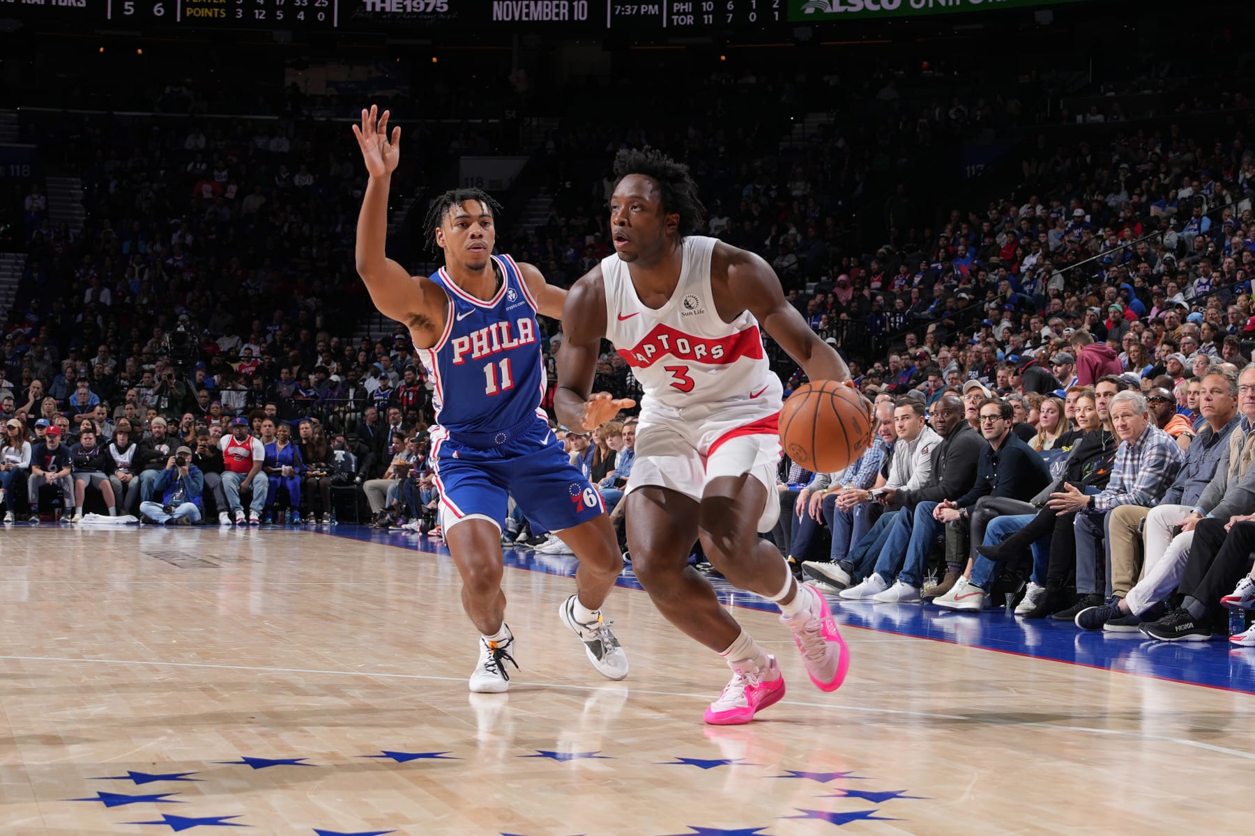 PHILADELPHIA, PA - NOVEMBER 2: OG Anunoby #3 of the Toronto Raptors dribbles the ball during the game against the Philadelphia 76ers on November 2, 2023 at the Wells Fargo Center in Philadelphia, Pennsylvania NOTE TO USER: User expressly acknowledges and agrees that, by downloading and/or using this Photograph, user is consenting to the terms and conditions of the Getty Images License Agreement. Mandatory Copyright Notice: Copyright 2023 NBAE (Photo by Jesse D. Garrabrant/NBAE via Getty Images)
