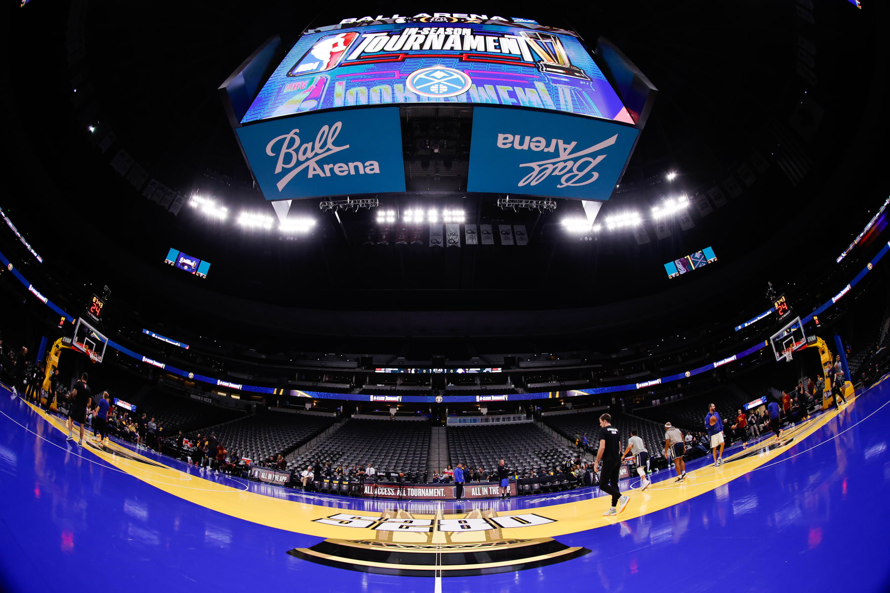 DENVER, COLORADO - NOVEMBER 3: (EDITORS NOTE: This image was shot with a fisheye lens.) The court is seen before the game between the Denver Nuggets and the Dallas Mavericks during the NBA In-Season Tournament at Ball Arena on November 3, 2023 in Denver, Colorado. NOTE TO USER: User expressly acknowledges and agrees that, by downloading and or using this photograph, User is consenting to the terms and conditions of the Getty Images License Agreement. (Photo by C. Morgan Engel/Getty Images)