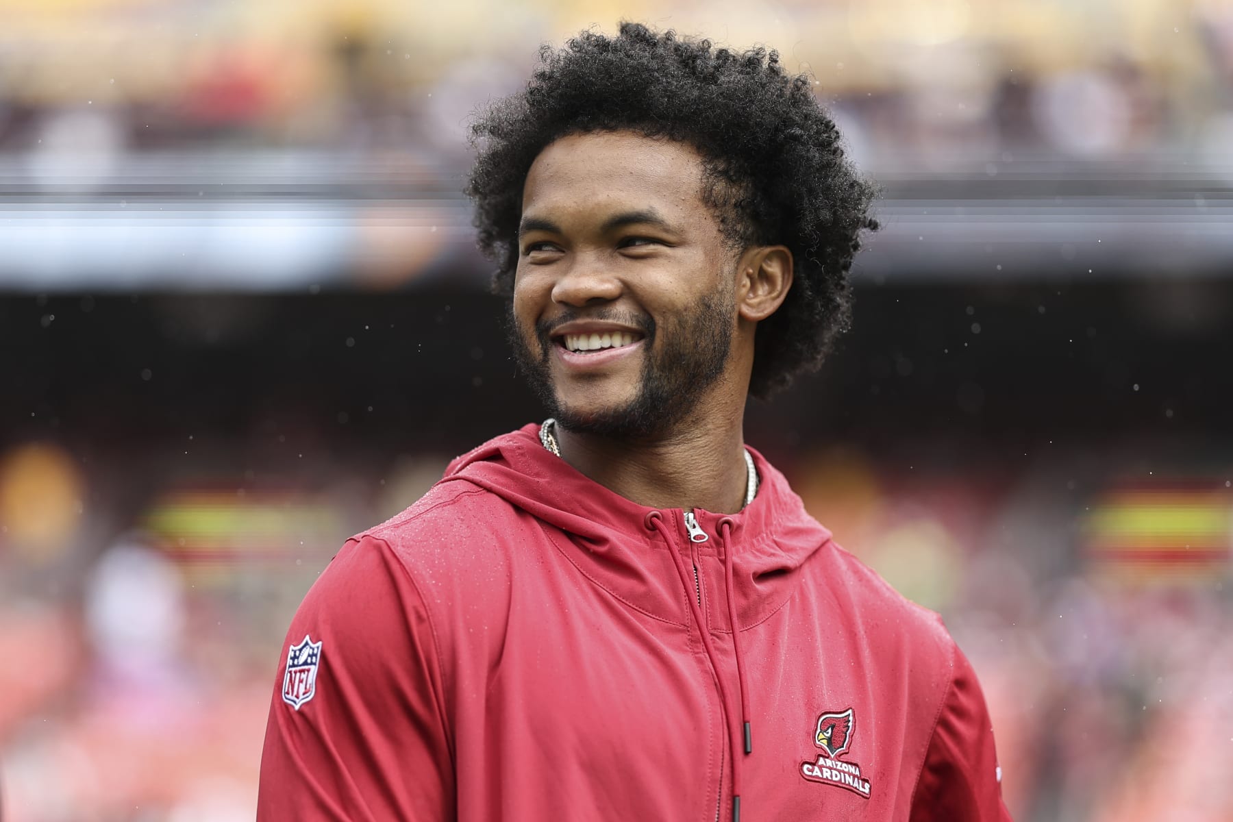 LANDOVER, MARYLAND - SEPTEMBER 10: Kyler Murray #1 of the Arizona Cardinals reacts prior to a game against the Washington Commanders at FedExField on September 10, 2023 in Landover, Maryland. (Photo by Michael Owens/Getty Images)