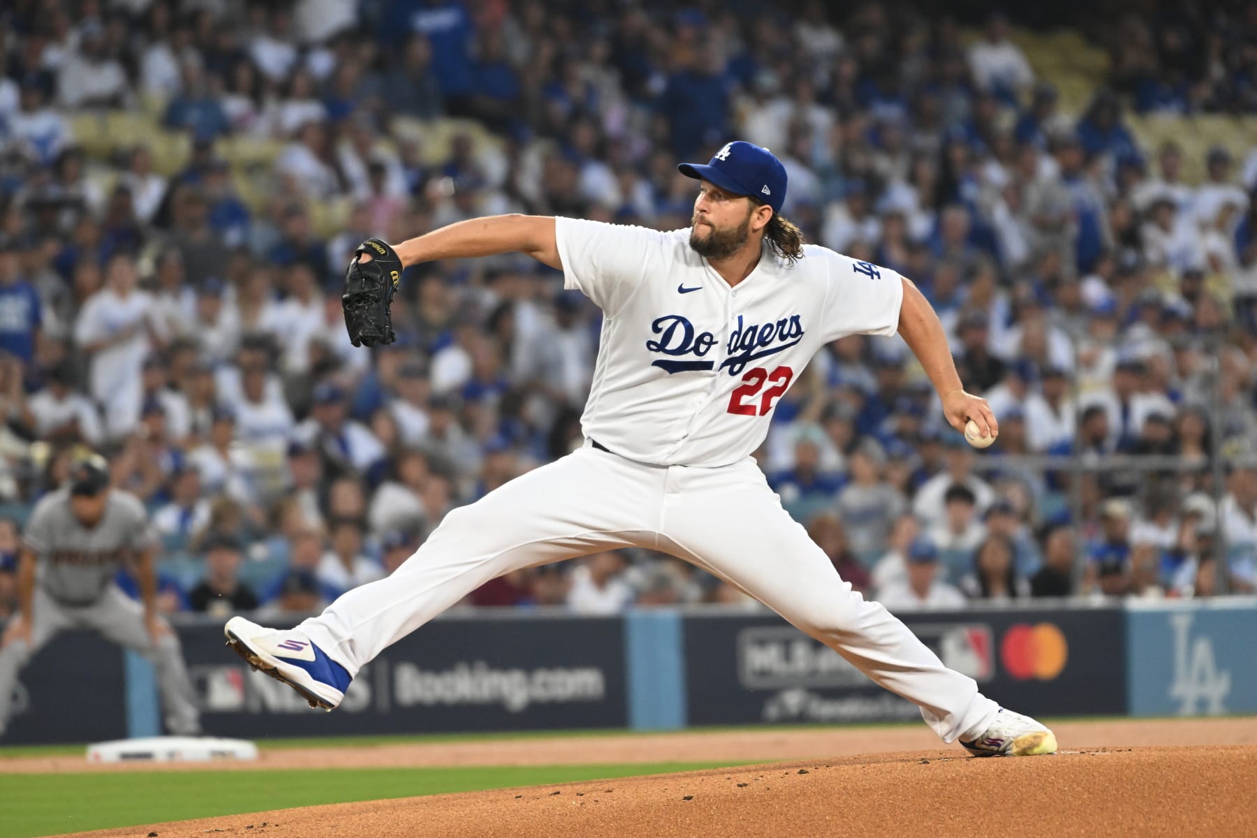Los Angeles, CA - October 07: Clayton Kershaw delivers a pitch in the first inning of game one of the National League Division Series at Dodgers Stadium on Saturday, Oct. 7, 2023, in Los Angeles, CA. (Wally Skalij / Los Angeles Times via Getty Images)