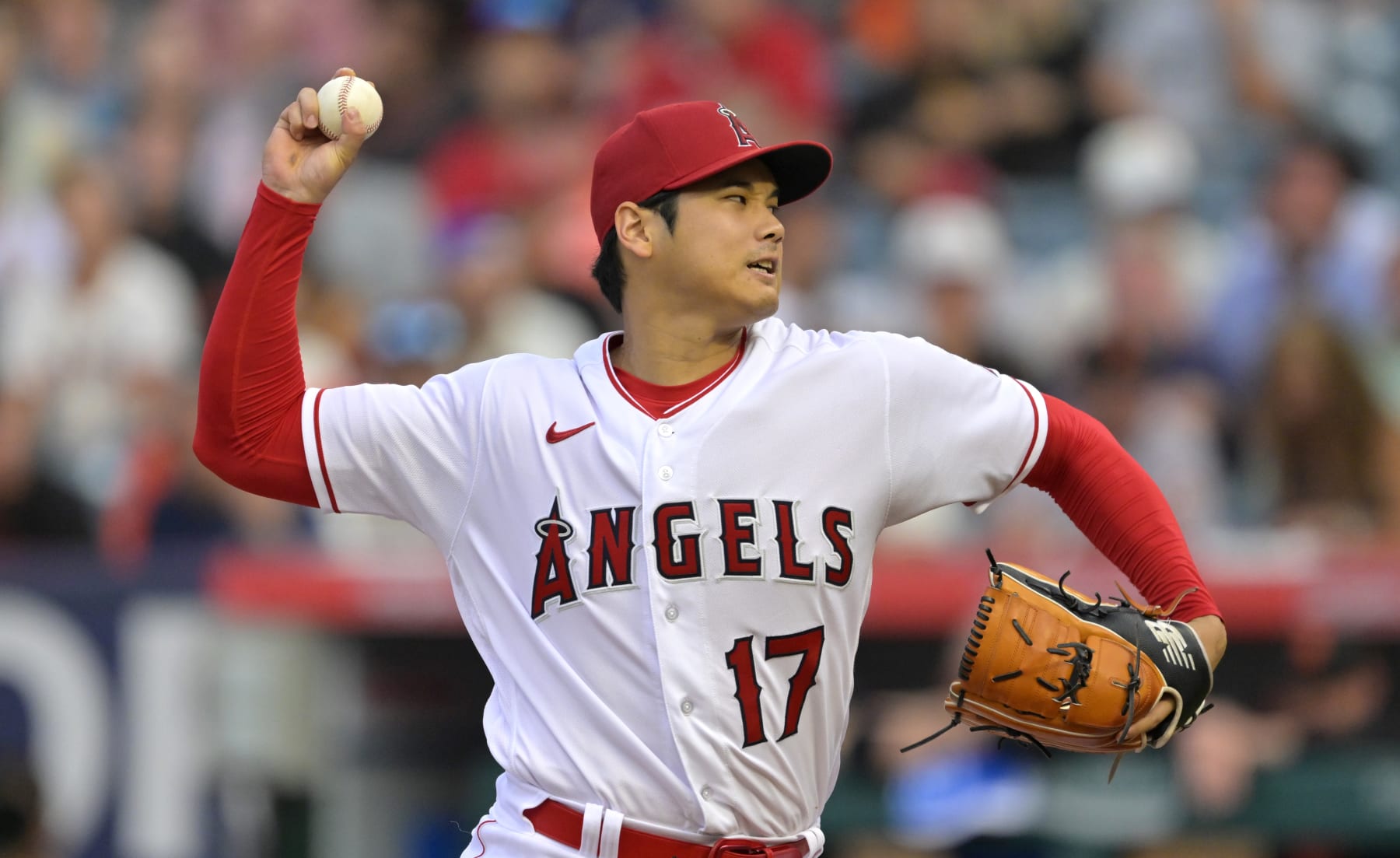 ANAHEIM, CALIFORNIA - AUGUST 9: Shohei Ohtani #17 of the Los Angeles Angels pitches in the first inning against the San Francisco Giants at Angel Stadium of Anaheim on August 9, 2023 in Anaheim, California. (Photo by Jayne Kamin-Oncea/Getty Images)
