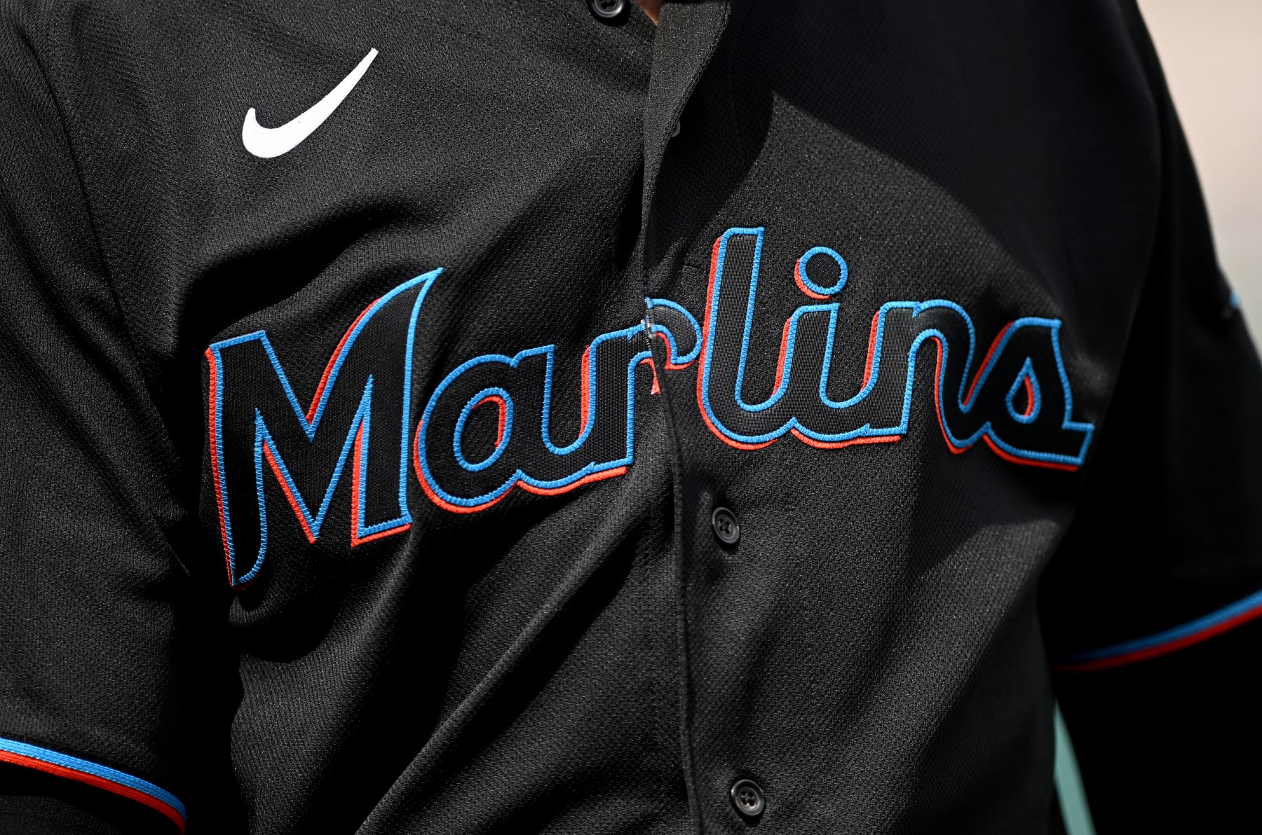 WASHINGTON, DC - JULY 02: A view of the Miami Marlins logo on their uniform before the game against the Washington Nationals at Nationals Park on July 02, 2022 in Washington, DC. (Photo by G Fiume/Getty Images)