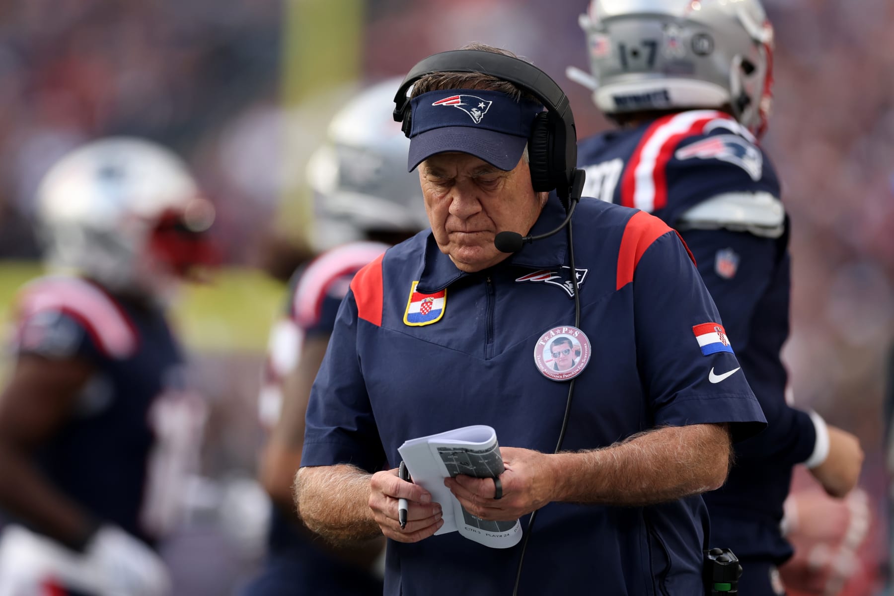 FOXBOROUGH, MASSACHUSETTS - NOVEMBER 05: Head coach Bill Belichick of the New England Patriots looks on during the second half of the game against the Washington Commanders at Gillette Stadium on November 05, 2023 in Foxborough, Massachusetts. (Photo by Maddie Meyer/Getty Images) FOXBOROUGH, MASSACHUSETTS - NOVEMBER 05: Head coach Bill Belichick of the New England Patriots looks on during the second half of the game against the Washington Commanders at Gillette Stadium on November 05, 2023 in Foxborough, Massachusetts. (Photo by Maddie Meyer/Getty Images)