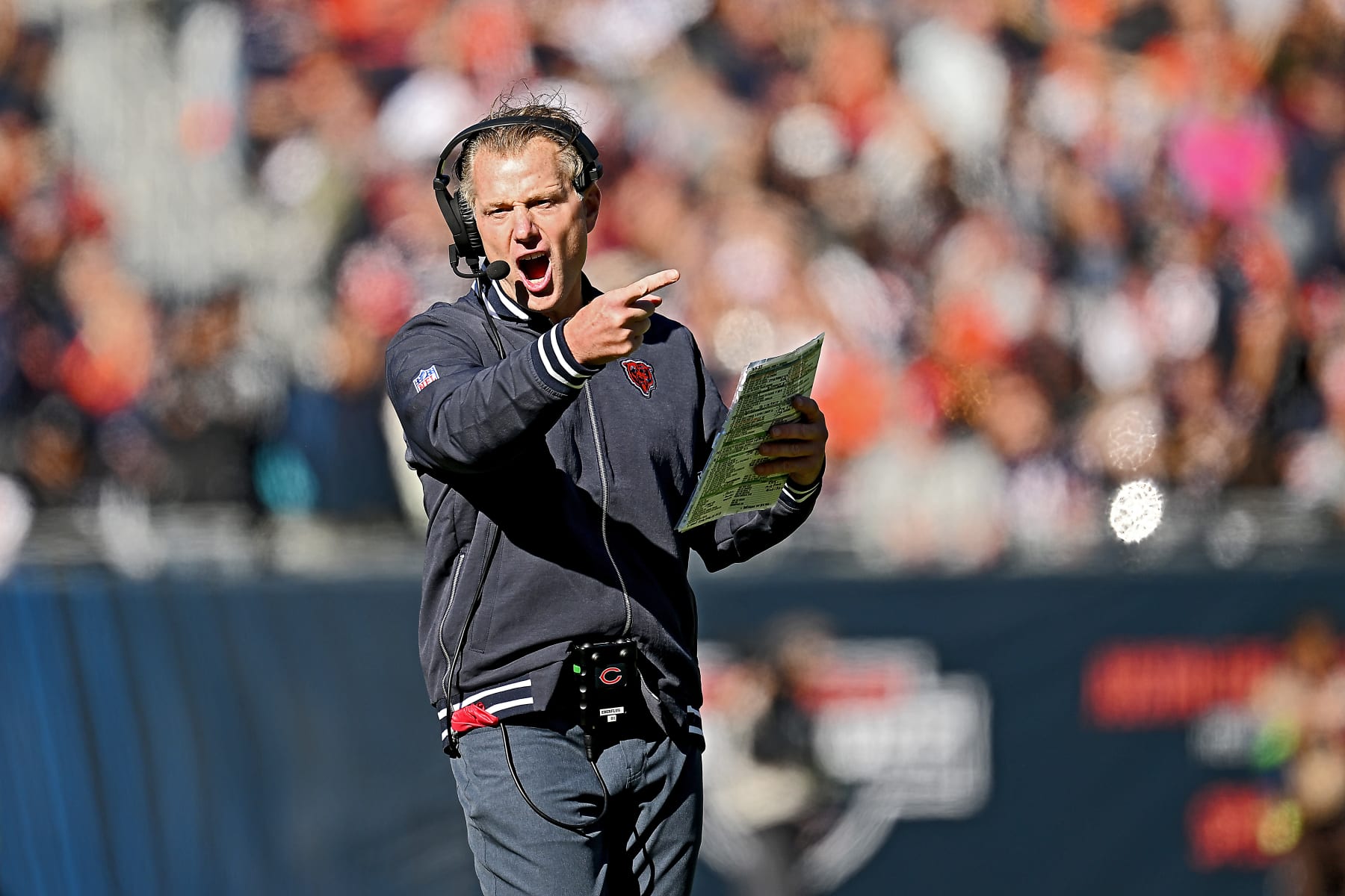 CHICAGO, ILLINOIS - OCTOBER 22: Chicago Bears head coach Matt Eberflus yells from the sideline during the second half against the Las Vegas Raiders at Soldier Field on October 22, 2023 in Chicago, Illinois. (Photo by Quinn Harris/Getty Images) CHICAGO, ILLINOIS - OCTOBER 22: Chicago Bears head coach Matt Eberflus yells from the sideline during the second half against the Las Vegas Raiders at Soldier Field on October 22, 2023 in Chicago, Illinois. (Photo by Quinn Harris/Getty Images)
