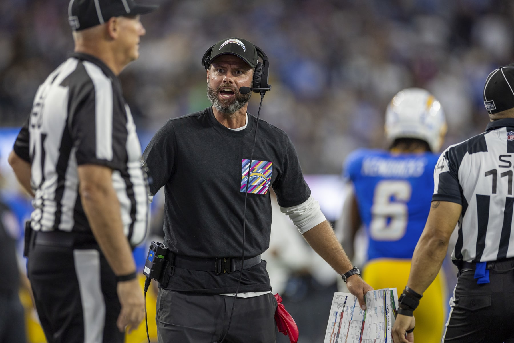 Inglewood, CA, Monday, October 16, 2023 - Chargers head coach Brandon Staley yells at an official as the defense struggles late in the game to stop the Dallas Cowboys at SoFi Stadium. (Robert Gauthier/Los Angeles Times via Getty Images) Inglewood, CA, Monday, October 16, 2023 - Chargers head coach Brandon Staley yells at an official as the defense struggles late in the game to stop the Dallas Cowboys at SoFi Stadium. (Robert Gauthier/Los Angeles Times via Getty Images)