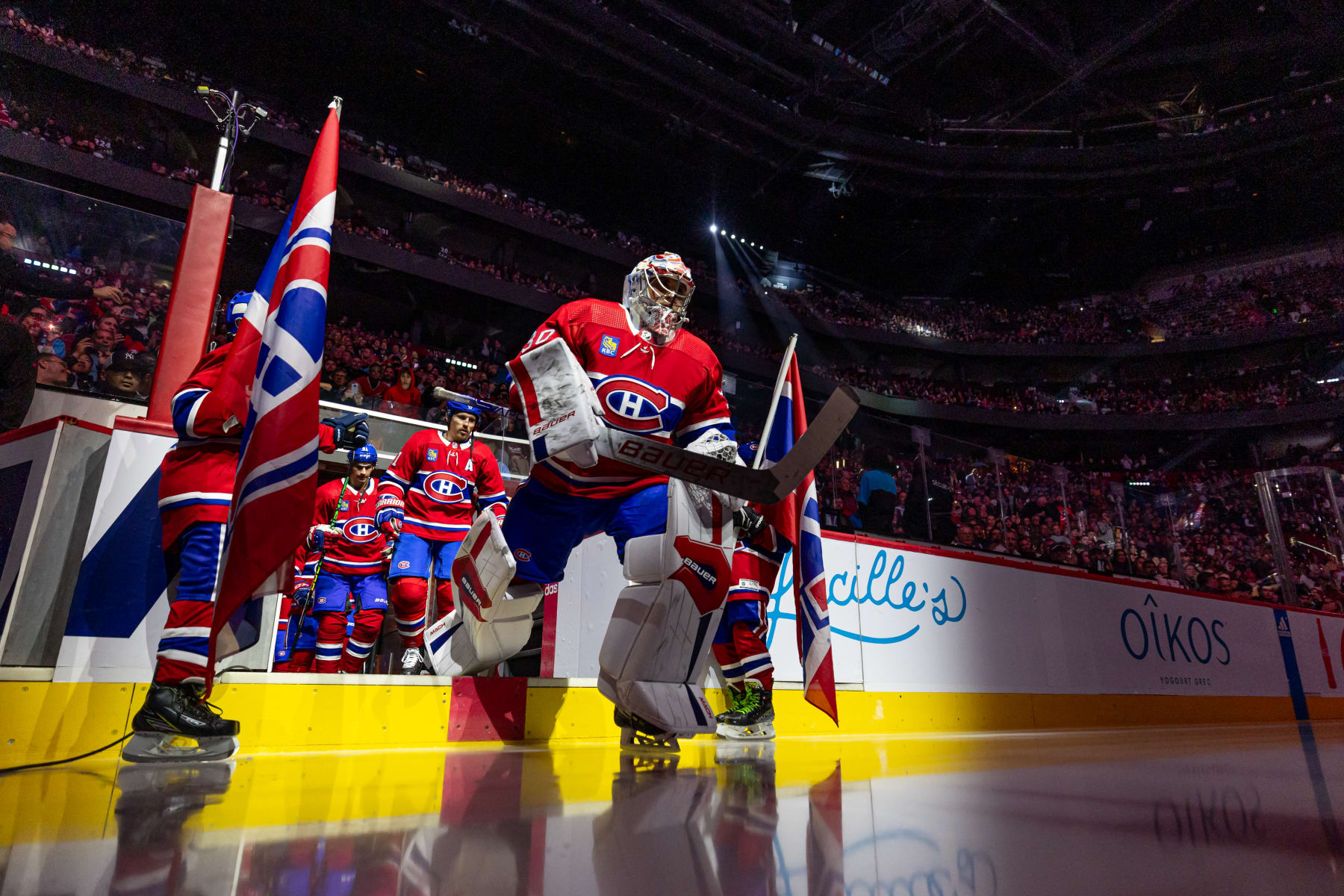 MONTREAL, CANADA - OCTOBER 24: Cayden Primeau #30 of the Montreal Canadiens jumps onto the ice for the first period of the NHL regular season game against the New Jersey Devils at the Bell Centre on October 24, 2023 in Montreal, Quebec, Canada. (Photo by Vitor Munhoz/NHLI via Getty Images)