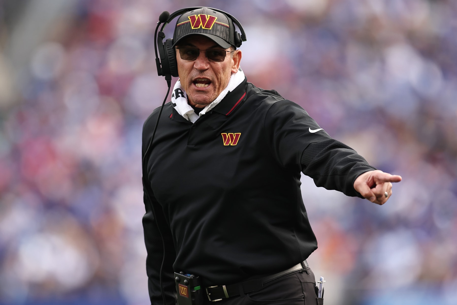 EAST RUTHERFORD, NEW JERSEY - OCTOBER 22: Head Coach Ron Rivera of the Washington Commanders reacts during the second half of the game against the New York Giants at MetLife Stadium on October 22, 2023 in East Rutherford, New Jersey. (Photo by Dustin Satloff/Getty Images) EAST RUTHERFORD, NEW JERSEY - OCTOBER 22: Head Coach Ron Rivera of the Washington Commanders reacts during the second half of the game against the New York Giants at MetLife Stadium on October 22, 2023 in East Rutherford, New Jersey. (Photo by Dustin Satloff/Getty Images)