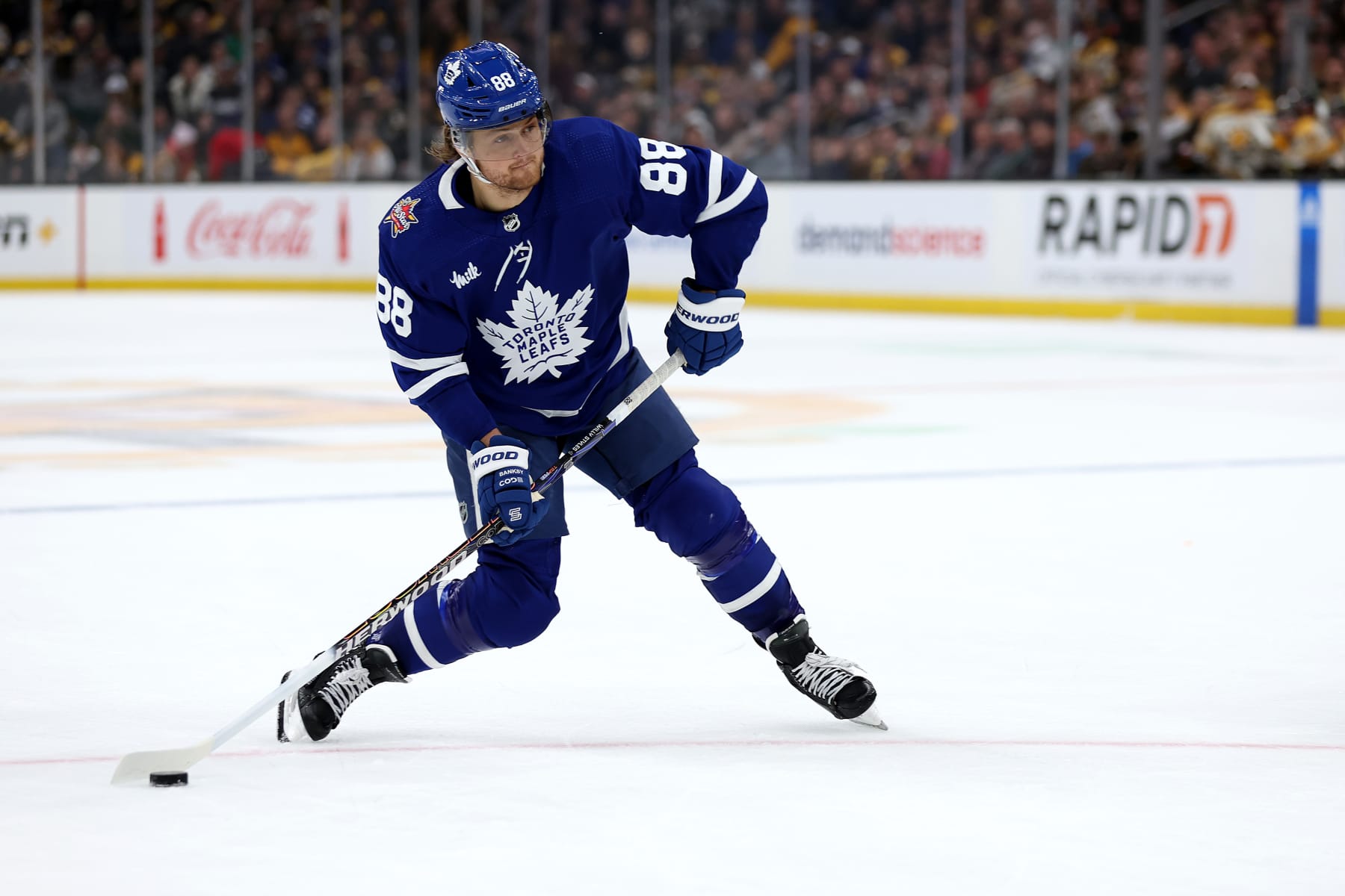 BOSTON, MASSACHUSETTS - NOVEMBER 02: William Nylander #88 of the Toronto Maple Leafs takes a shot against the Boston Bruins during overtime at TD Garden on November 02, 2023 in Boston, Massachusetts. The Bruins defeat the Maple Leafs 3-2 in overtime. (Photo by Maddie Meyer/Getty Images)