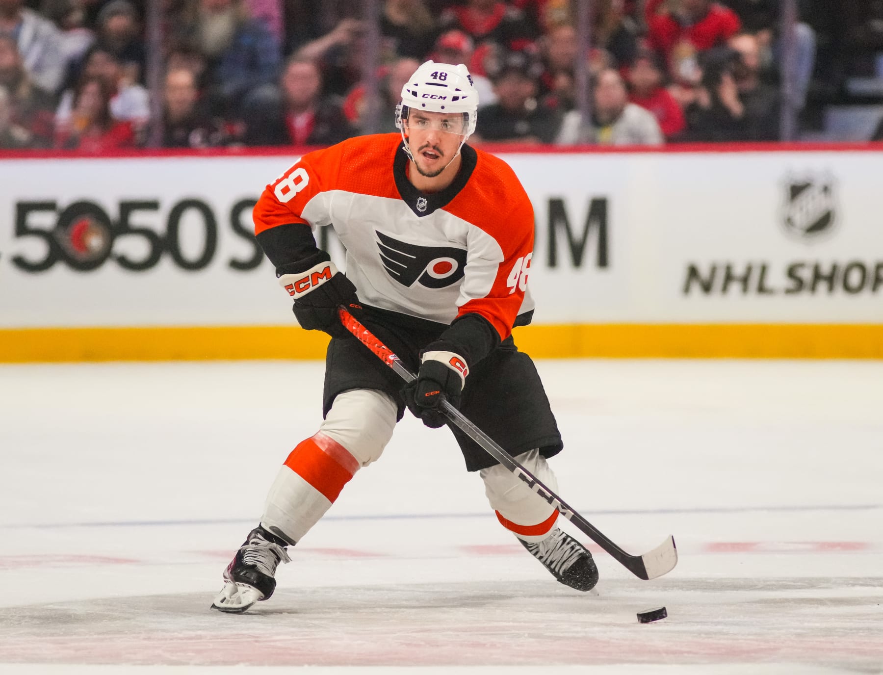 OTTAWA, CANADA - OCTOBER 14: Morgan Frost #48 of the Philadelphia Flyers skates against the Ottawa Senators at Canadian Tire Centre on October 14, 2023 in Ottawa, Ontario, Canada. (Photo by Chris Tanouye/Freestyle Photography/Getty Images)