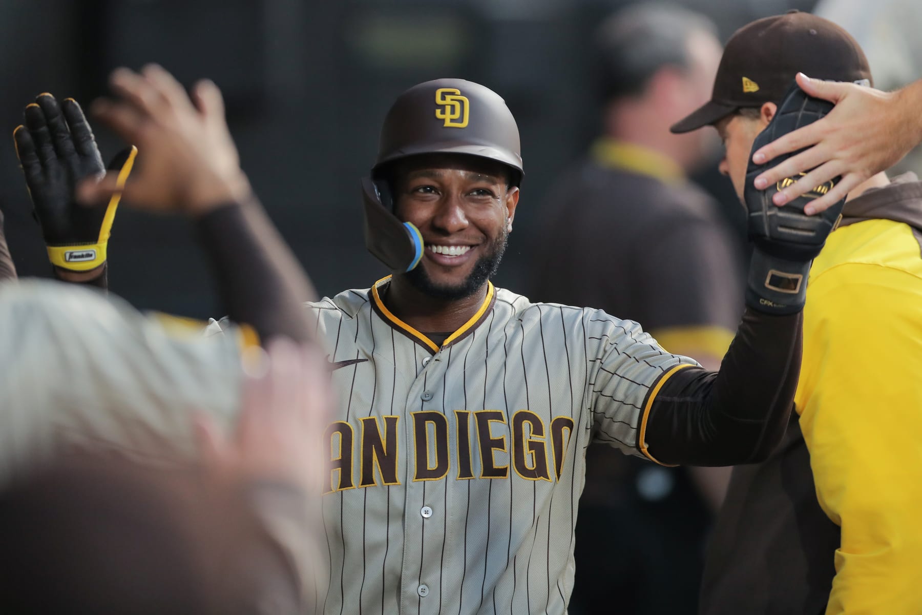 CHICAGO, IL - SEPTEMBER 30: San Diego Padres left fielder Jurickson Profar (10) is greeted in the dugout during a Major League Baseball game between the San Diego Padres and the Chicago White Sox on September 30, 2023 at Guaranteed Rate Field in Chicago, IL. (Photo by Melissa Tamez/Icon Sportswire via Getty Images)