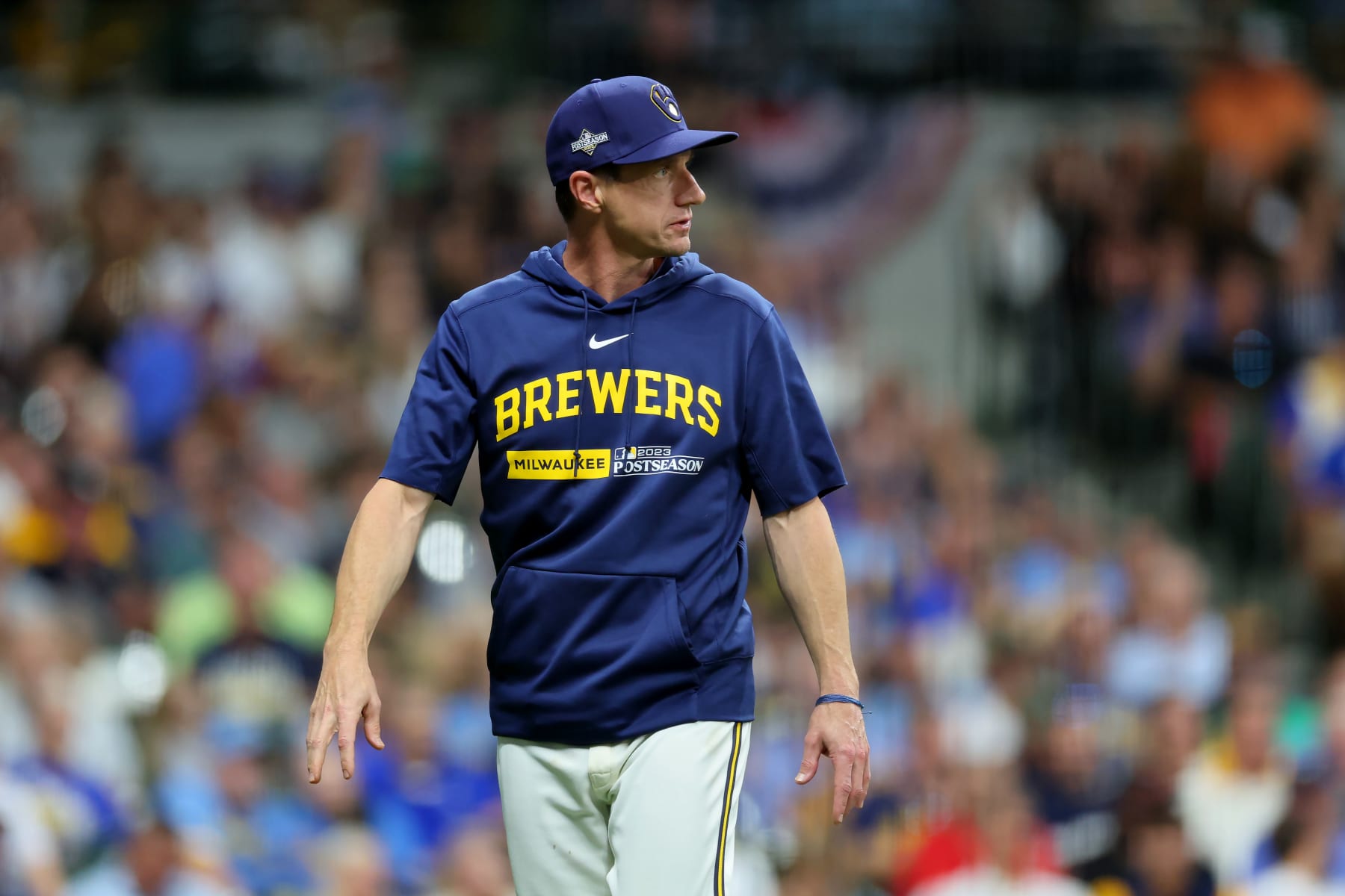MILWAUKEE, WISCONSIN - OCTOBER 03: Manager Craig Counsell of the Milwaukee Brewers walks across the field in the fifth inning against the Arizona Diamondbacks during Game One of the Wild Card Series at American Family Field on October 03, 2023 in Milwaukee, Wisconsin. (Photo by Stacy Revere/Getty Images)