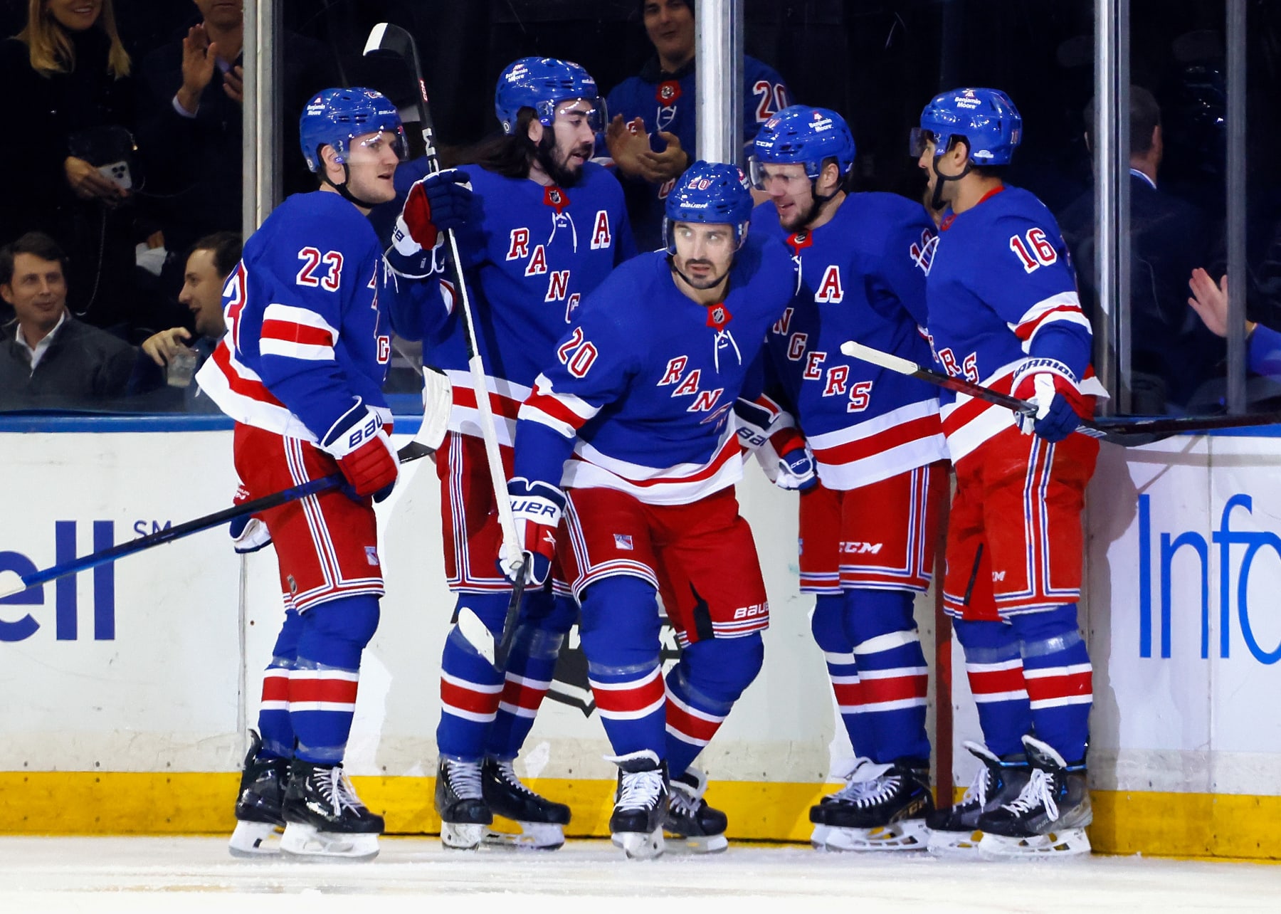 NEW YORK, NEW YORK - NOVEMBER 02: Chris Kreider #20 of the New York Rangers (C) celebrates his first period powerplay goal against Frederik Andersen #31 of the Carolina Hurricanes at Madison Square Garden on November 02, 2023 in New York City. With the goal, Kreider tied Andy Bathgate for fourth place on the Rangers all-time goal scoring list. (Photo by Bruce Bennett/Getty Images)