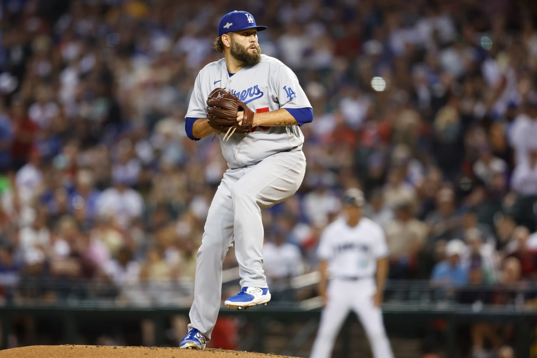 PHOENIX, AZ - OCTOBER 11:   Lance Lynn #35 of the Los Angeles Dodgers pitches during Game 3 of the Division Series between the Los Angeles Dodgers and the Arizona Diamondbacks at Chase Field on Wednesday, October 11, 2023 in Phoenix, Arizona. (Photo by Chris Coduto/MLB Photos via Getty Images)