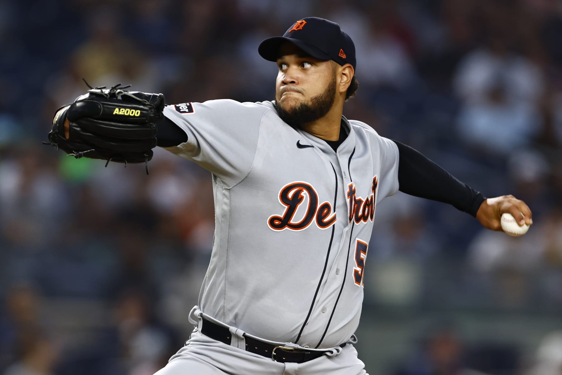NEW YORK, NEW YORK - SEPTEMBER 7: Eduardo Rodriguez #57 of the Detroit Tigers delivers a pitch against the New York Yankees during the first inning of a game at Yankee Stadium on September 7, 2023 in New York City. (Photo by Rich Schultz/Getty Images)