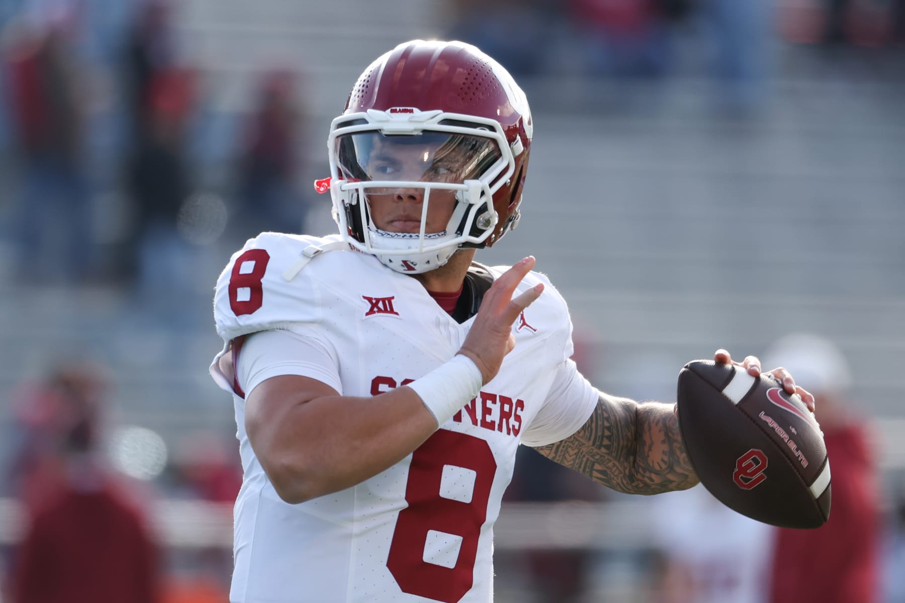 LAWRENCE, KS - OCTOBER 28: Oklahoma Sooners quarterback Dillon Gabriel (8) throws a pass before a Big 12 football game between the Oklahoma Sooners and Kansas Jayhawks on Oct 28, 2023 at Memorial Stadium in Lawrence, KS. (Photo by Scott Winters/Icon Sportswire via Getty Images)
