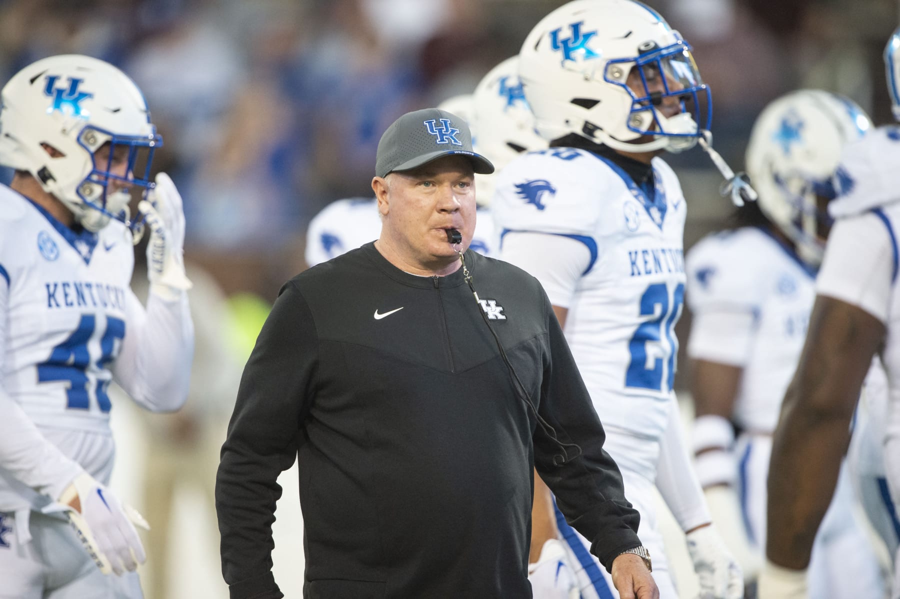 STARKVILLE, MISSISSIPPI - NOVEMBER 04: Head coach Mark Stoops of the Kentucky Wildcats prior to their game against the Mississippi State Bulldogs at Davis Wade Stadium on November 04, 2023 in Starkville, Mississippi. (Photo by Michael Chang/Getty Images)