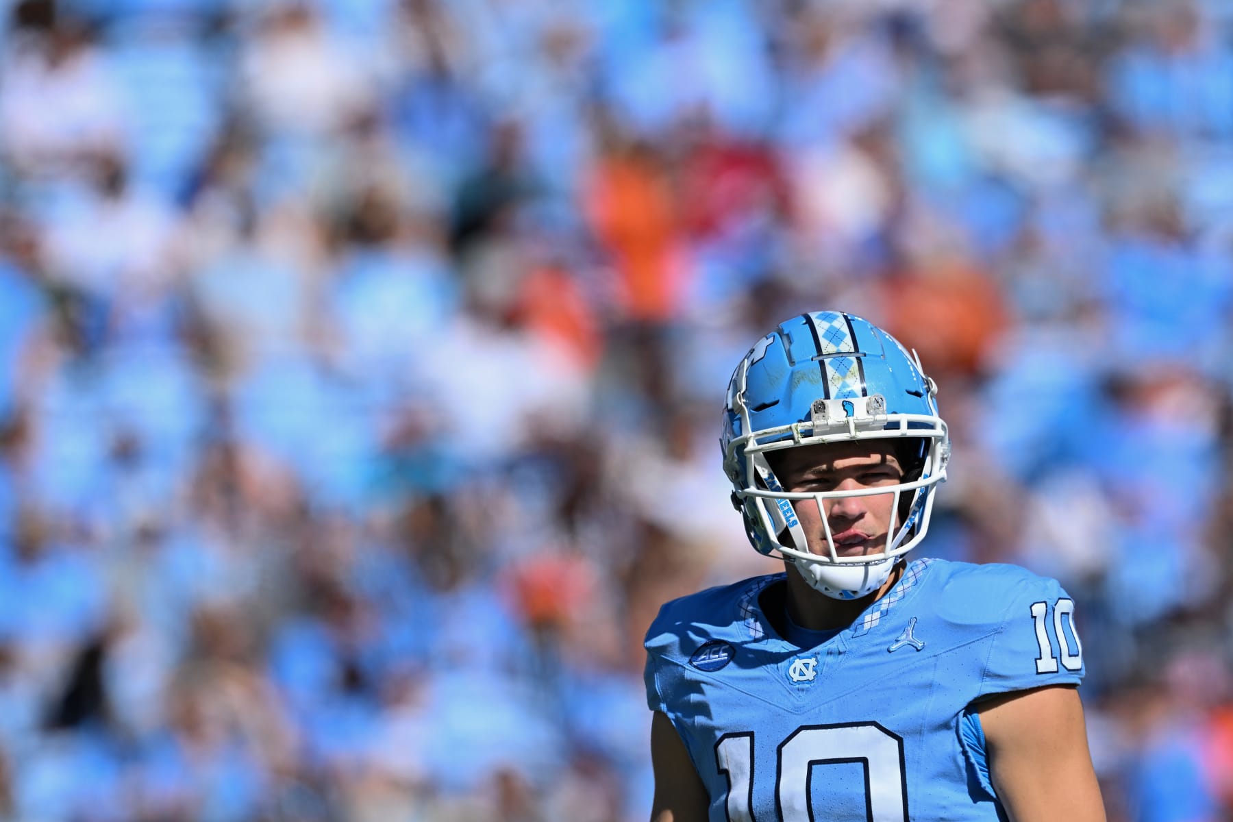 CHAPEL HILL, NORTH CAROLINA - NOVEMBER 04: Drake Maye #10 of the North Carolina Tar Heels looks on during the game against the Campbell Fighting Camels at Kenan Memorial Stadium on November 04, 2023 in Chapel Hill, North Carolina. The Tar Heels won 59-7. (Photo by Grant Halverson/Getty Images)
