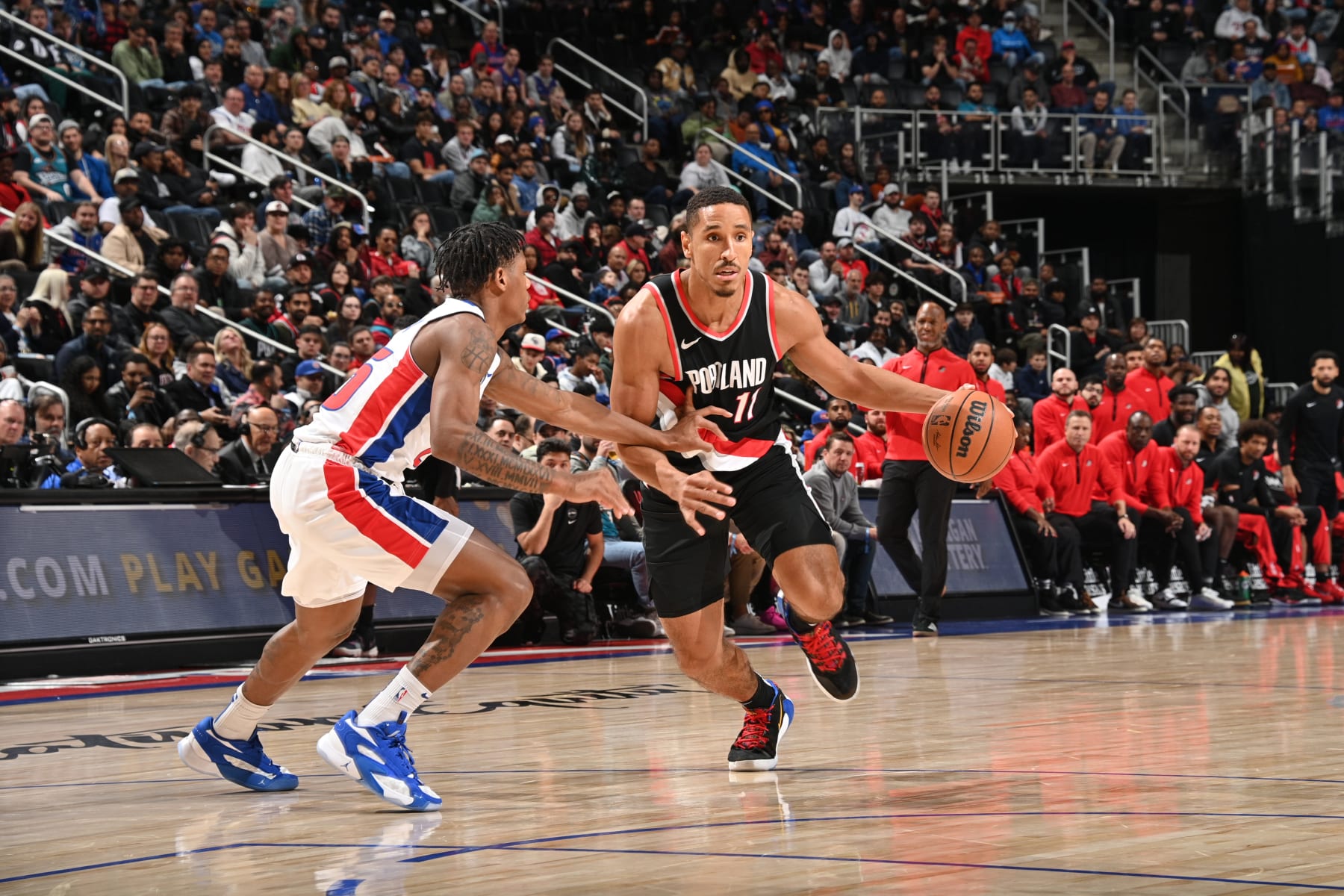 DETROIT, MI - NOVEMBER 1: Kevin Knox II #11 of the Portland Trail Blazers dribbles the ball during the game against the Detroit Pistons on November 1, 2023 at Little Caesars Arena in Detroit, Michigan. NOTE TO USER: User expressly acknowledges and agrees that, by downloading and/or using this photograph, User is consenting to the terms and conditions of the Getty Images License Agreement. Mandatory Copyright Notice: Copyright 2023 NBAE (Photo by Chris Schwegler/NBAE via Getty Images)