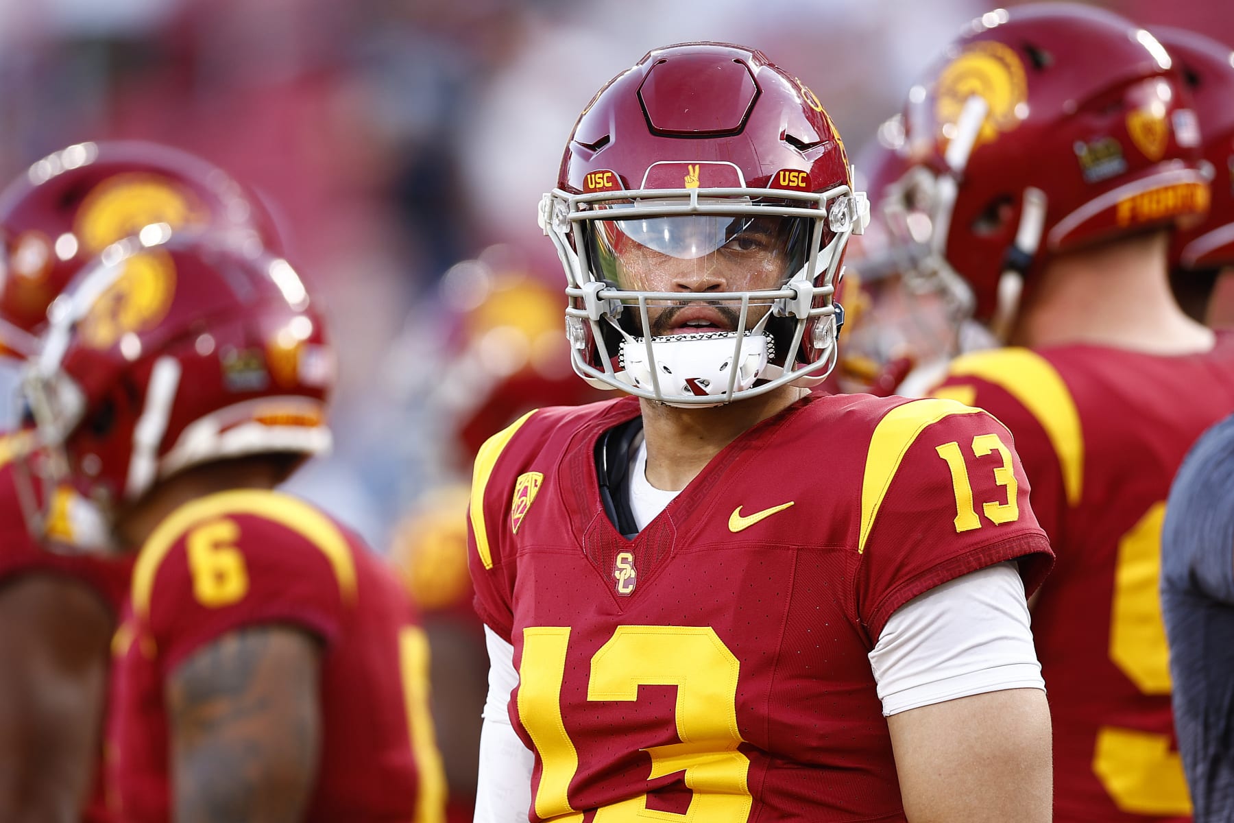 LOS ANGELES, CALIFORNIA - NOVEMBER 04:   Caleb Williams #13 of the USC Trojans at United Airlines Field at the Los Angeles Memorial Coliseum on November 04, 2023 in Los Angeles, California. (Photo by Ronald Martinez/Getty Images)