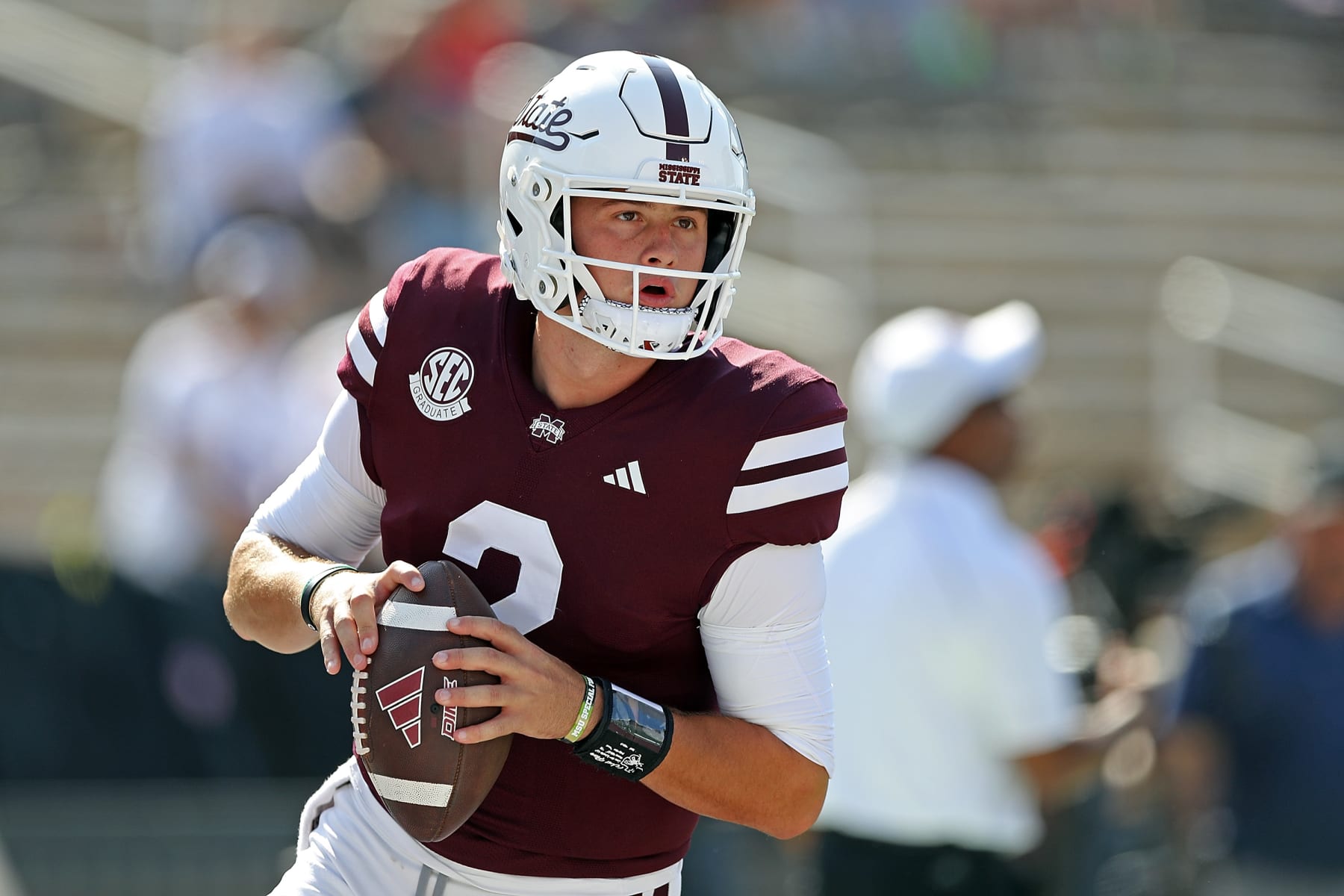STARKVILLE, MISSISSIPPI - SEPTEMBER 16: Will Rogers #2 of the Mississippi State Bulldogs warms up before the game against the LSU Tigers at Davis Wade Stadium on September 16, 2023 in Starkville, Mississippi. (Photo by Justin Ford/Getty Images)