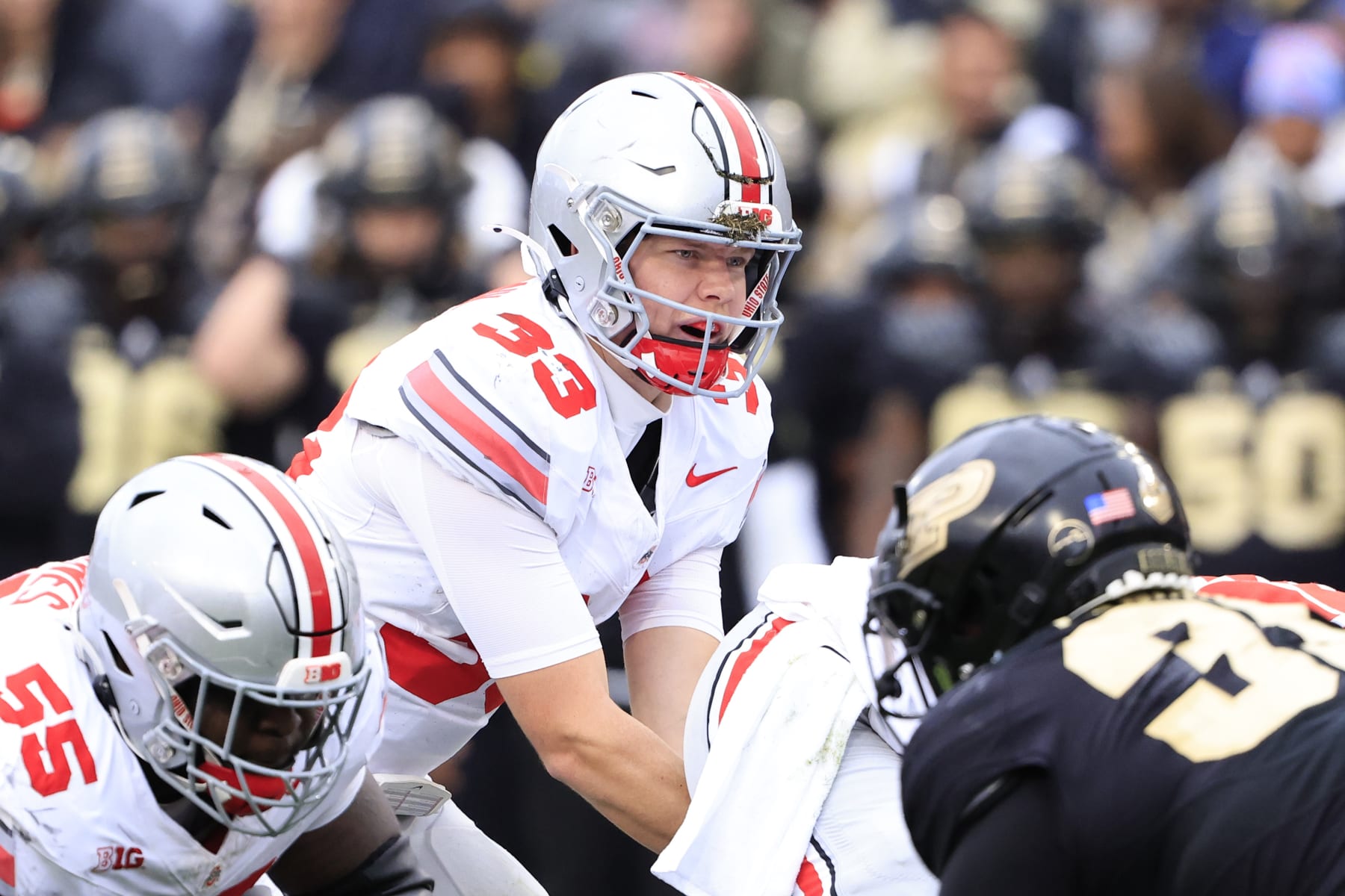 WEST LAFAYETTE, INDIANA - OCTOBER 14: Devin Brown #33 of the Ohio State Buckeyes prepares to snap the ball in the game against the Purdue Boilermakers at Ross-Ade Stadium on October 14, 2023 in West Lafayette, Indiana. (Photo by Justin Casterline/Getty Images)