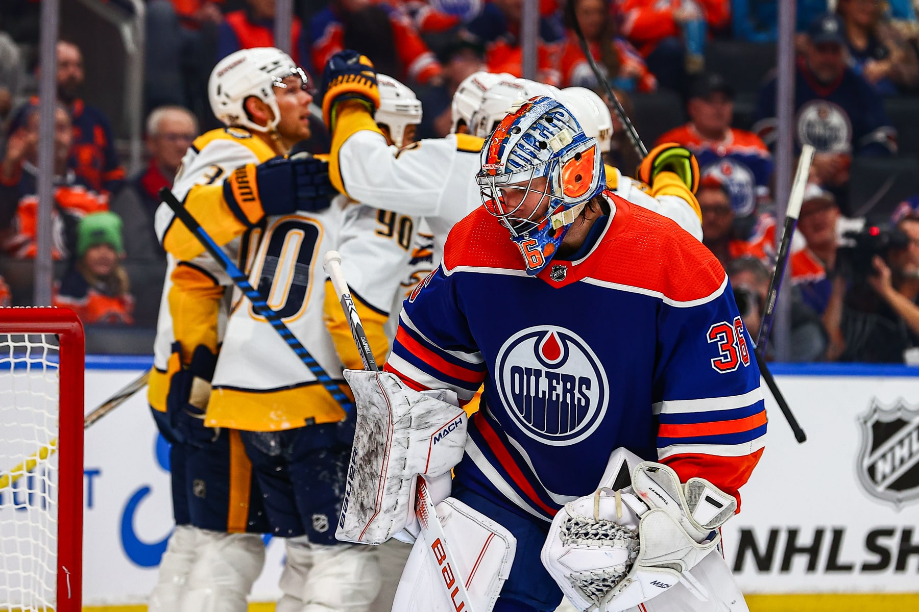 EDMONTON, AB - NOVEMBER 04: Edmonton Oilers Goalie Jack Campbell (36) takes a moment after a Nashville goal in the second period of the Edmonton Oilers game versus the Nashville Predators on November 4, 2023 at Rogers Place in Edmonton, AB. (Photo by Curtis Comeau/Icon Sportswire via Getty Images)