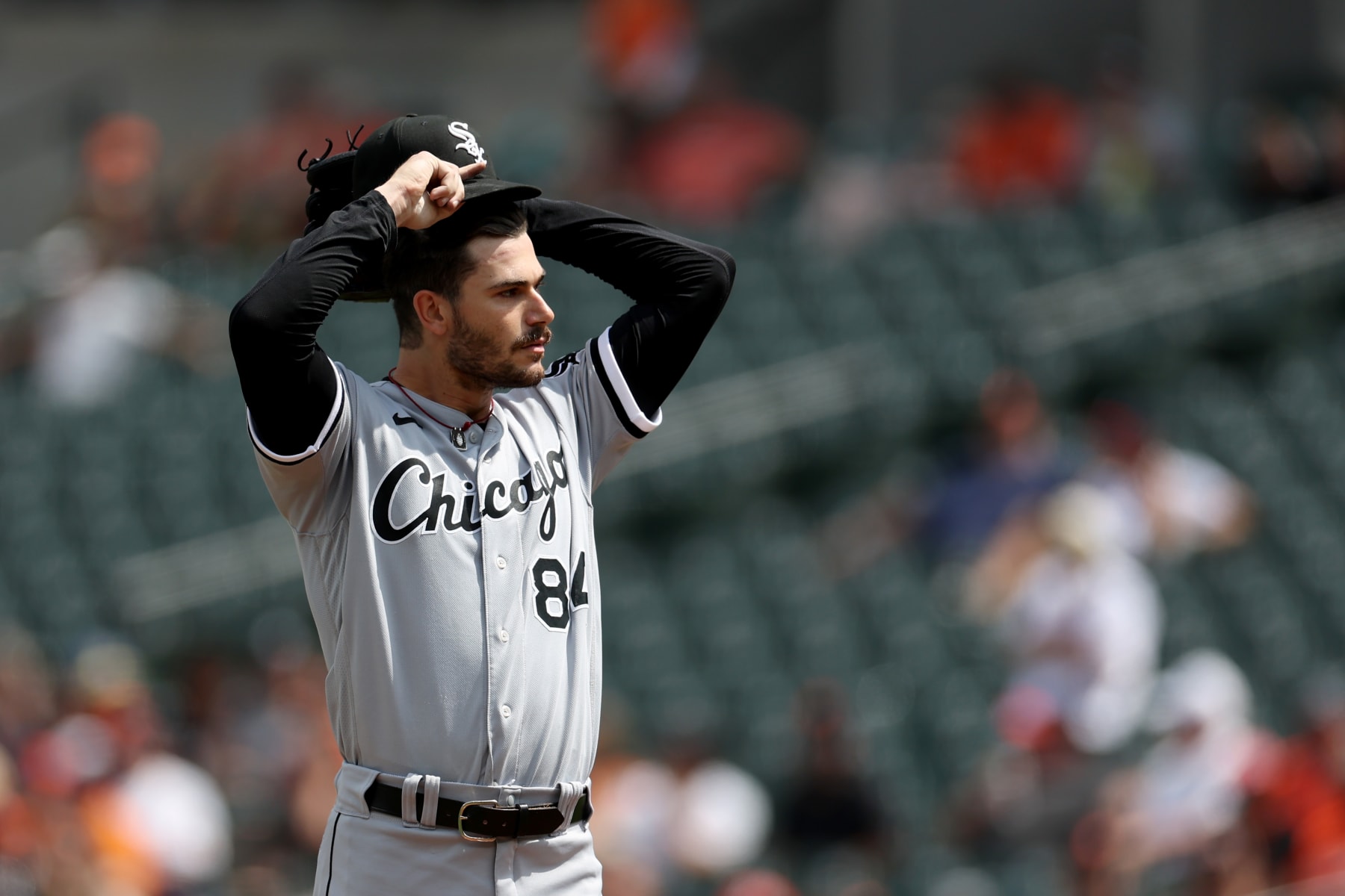 BALTIMORE, MARYLAND - AUGUST 30: Starting pitcher Dylan Cease #84 of the Chicago White Sox reacts on the mound after giving up two runs to the Baltimore Orioles in the first inning at Oriole Park at Camden Yards on August 30, 2023 in Baltimore, Maryland. (Photo by Rob Carr/Getty Images)