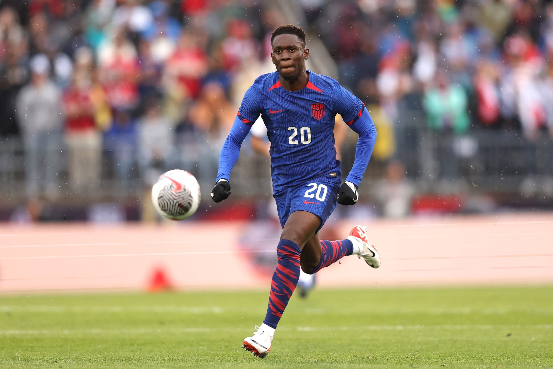 EAST HARTFORD, CONNECTICUT - OCTOBER 14: Folarin Balogun #20 of the United States controls the ball during the first half of an international friendly match against Germany at Pratt & Whitney Stadium on October 14, 2023 in East Hartford, Connecticut. (Photo by Adam Glanzman/USSF/Getty Images for USSF)
