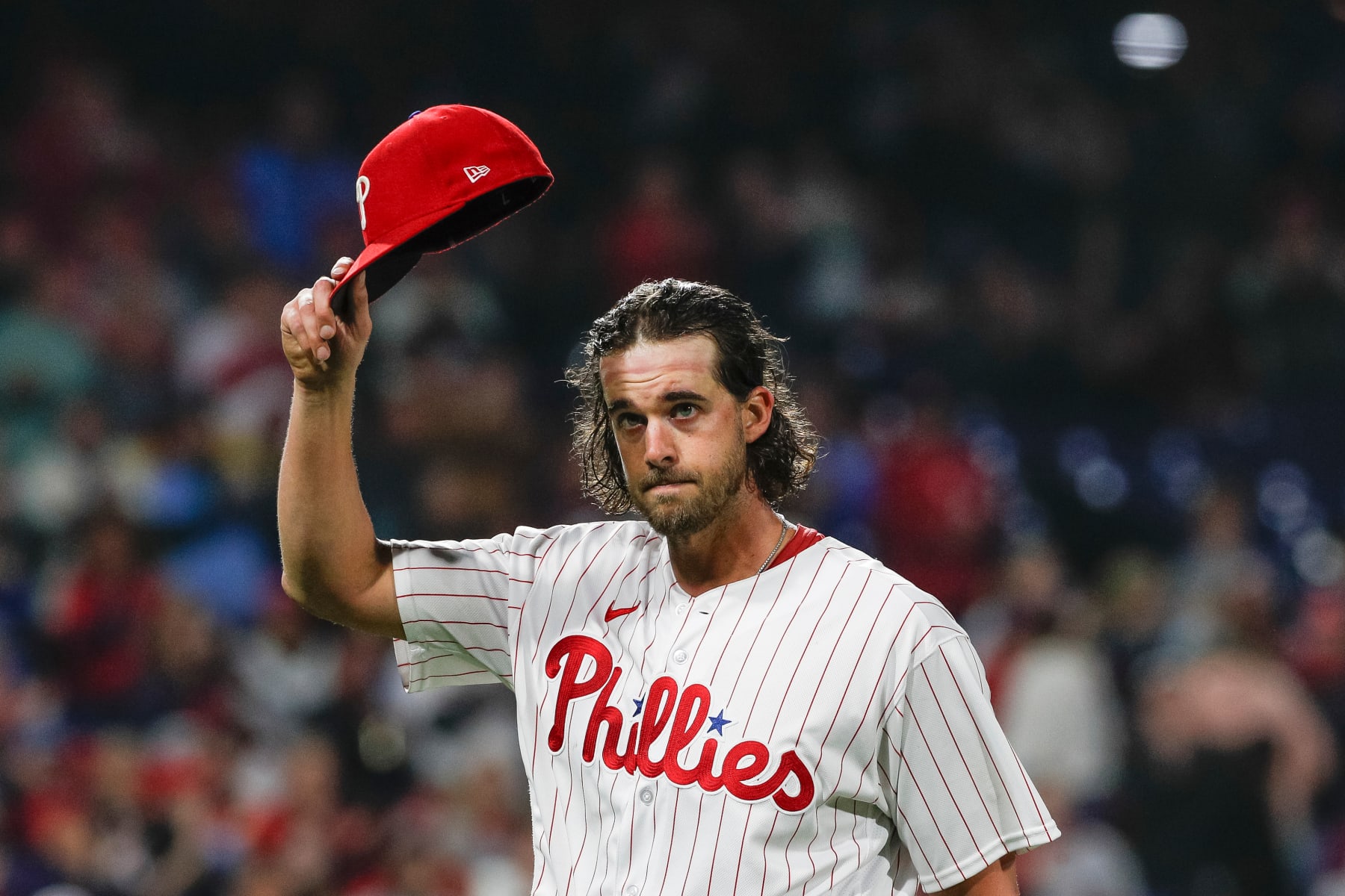 PHILADELPHIA, PA - SEPTEMBER 26: Philadelphia Phillies starting pitcher Aaron Nola (27) gestures to the crowd after exiting the game in the seventh inning during a regular season game between the Pittsburgh Pirates and Philadelphia Phillies on September 26, 2023, at Citizens Bank Park in Philadelphia, PA. (Photo by Brandon Sloter/Icon Sportswire via Getty Images)