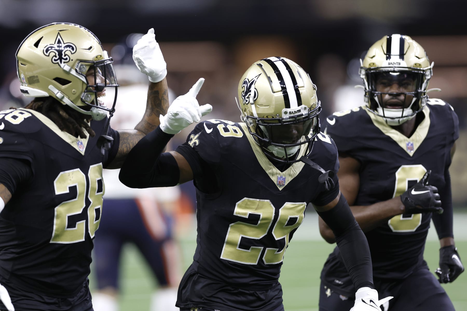 NEW ORLEANS, LOUISIANA - NOVEMBER 05: Paulson Adebo #29 of the New Orleans Saints celebrates after an interception during the first half in the game against the Chicago Bears at Caesars Superdome on November 05, 2023 in New Orleans, Louisiana. (Photo by Wesley Hitt/Getty Images)