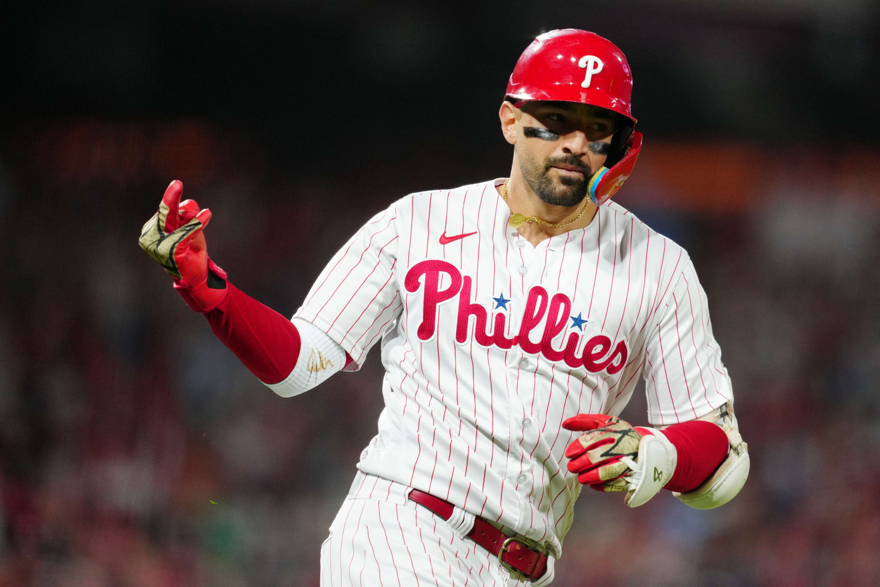 PHILADELPHIA, PA - OCTOBER 16: Nick Castellanos #8 of the Philadelphia Phillies rounds the bases after hitting a solo home run in the second inning during Game 1 of the NLCS between the Arizona Diamondbacks and the Philadelphia Phillies at Citizens Bank Park on Monday, October 16, 2023 in Philadelphia, Pennsylvania. (Photo by Mary DeCicco/MLB Photos via Getty Images)