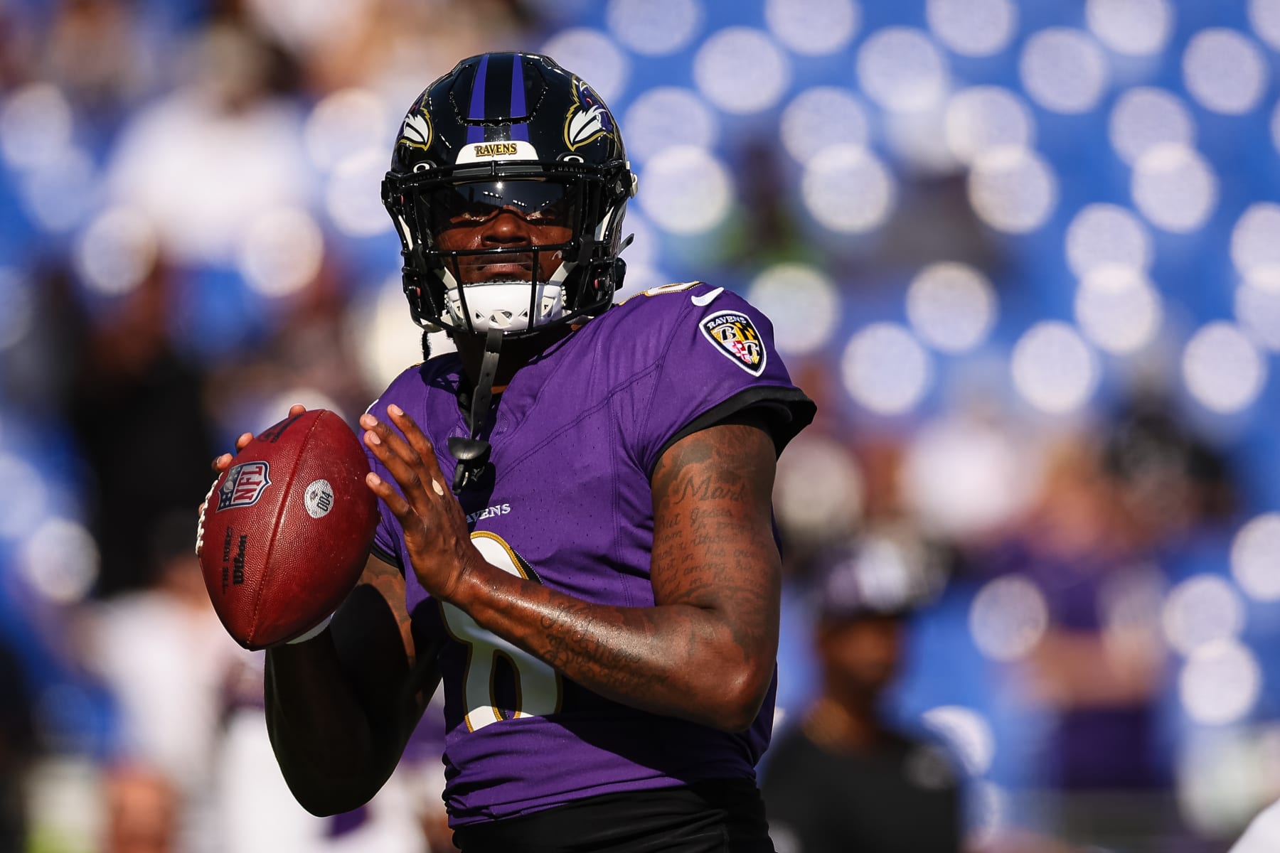 BALTIMORE, MD - NOVEMBER 05: Lamar Jackson #8 of the Baltimore Ravens warms up before the game against the Seattle Seahawks at M&T Bank Stadium on November 5, 2023 in Baltimore, Maryland. (Photo by Scott Taetsch/Getty Images)