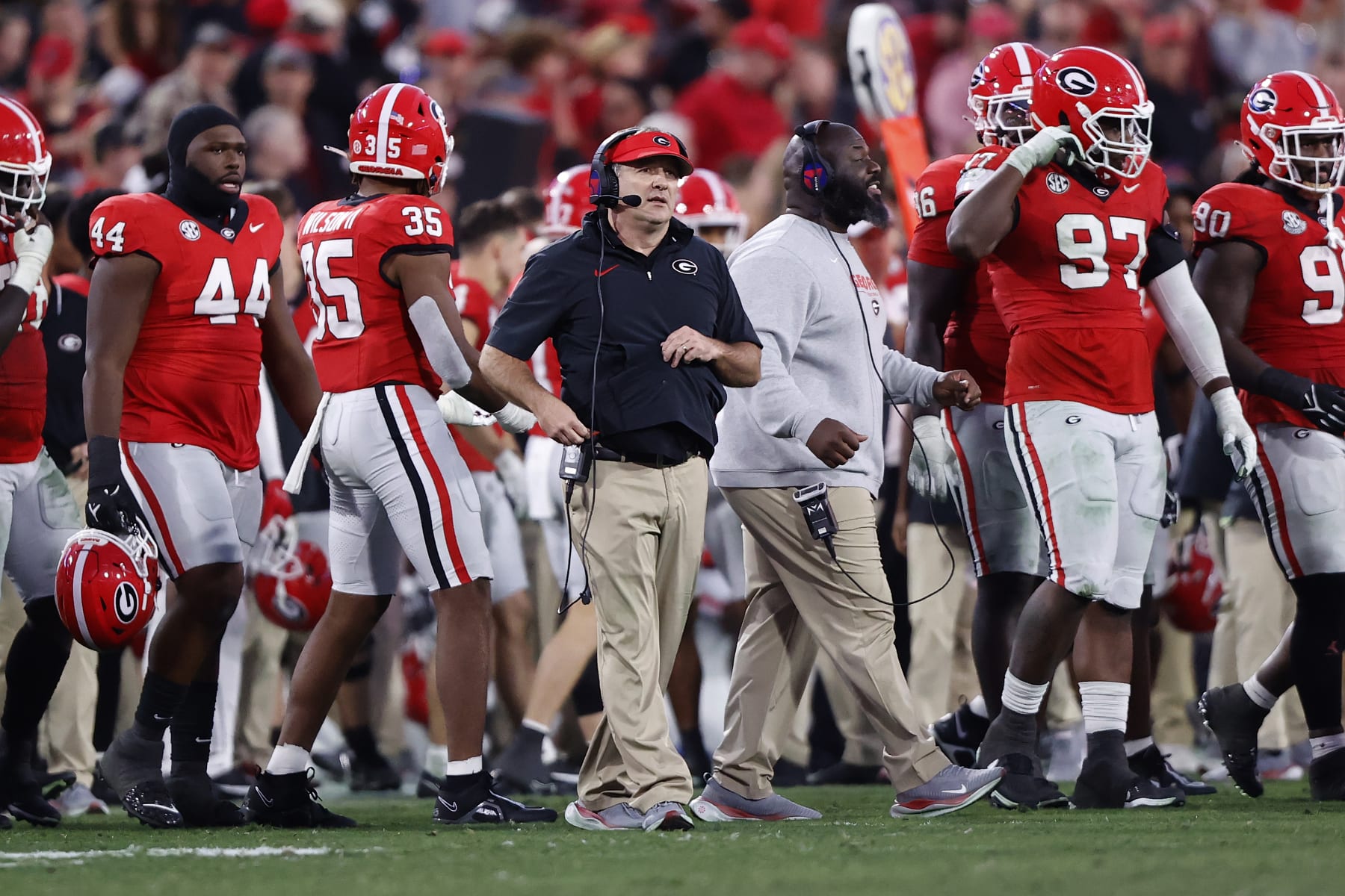 ATHENS, GA - NOVEMBER 04: Georgia Bulldogs head coach Kirby Smart during the Saturday afternoon college football game between the Georgia Bulldogs and the Missouri Tigers on November 4, 2023 at Sanford Stadium in Athens, GA.   (Photo by David J. Griffin/Icon Sportswire via Getty Images)