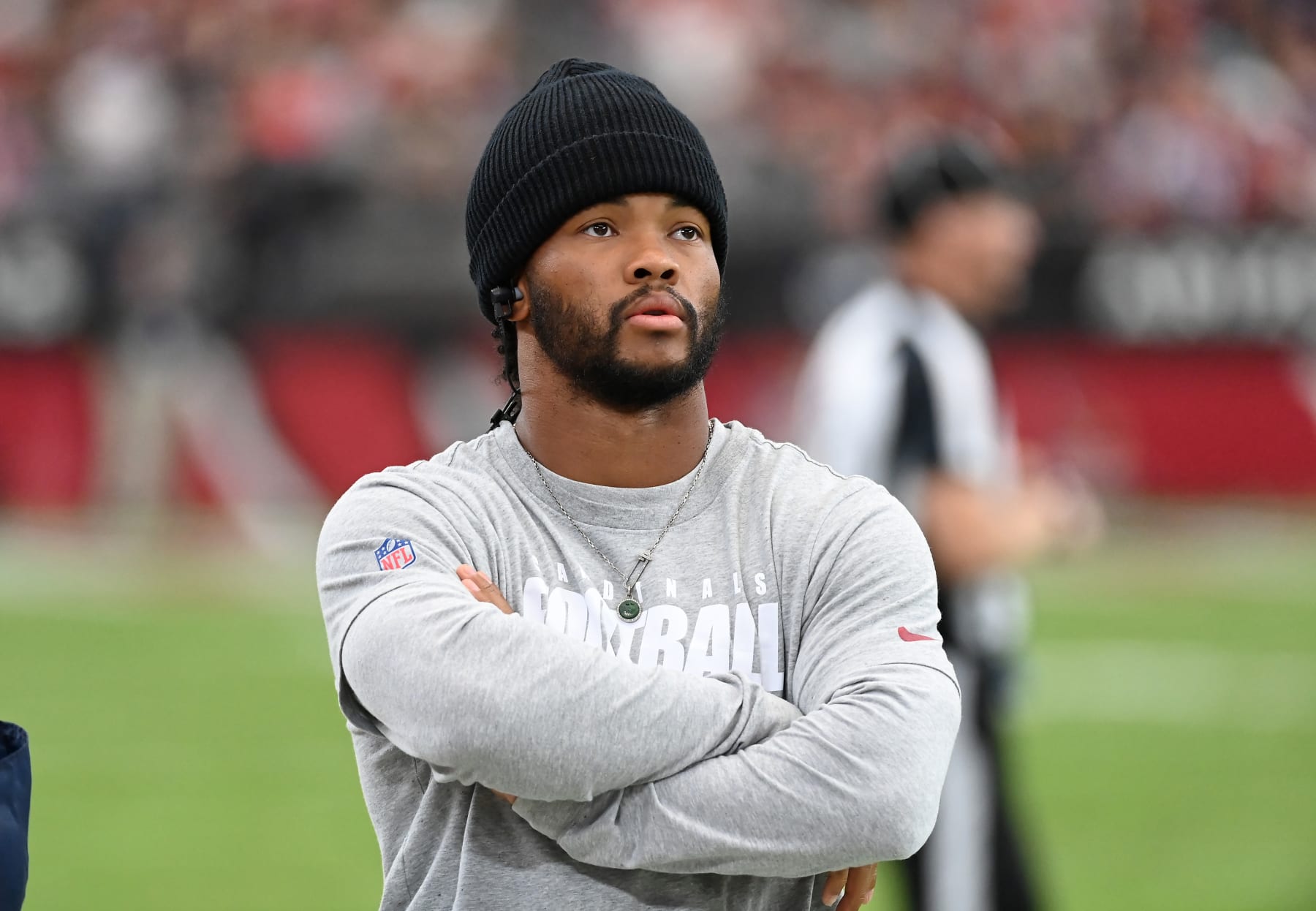 GLENDALE, ARIZONA - OCTOBER 29: Kyler Murray #1 of the Arizona Cardinals walks along the sidelines during a game against the Baltimore Ravens at State Farm Stadium on October 29, 2023 in Glendale, Arizona. (Photo by Norm Hall/Getty Images)