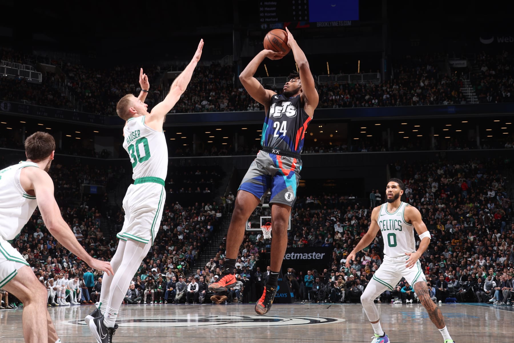 BROOKLYN, NY - NOVEMBER 4: Cam Thomas #24 of the Brooklyn Nets shoots the ball during the game against the Boston Celtics on November 4, 2023 at the Barclays Center in Brooklyn, New York. NOTE TO USER: User expressly acknowledges and agrees that, by downloading and or using this Photograph, user is consenting to the terms and conditions of the Getty Images License Agreement. Mandatory Copyright Notice: Copyright 2023 NBAE (Photo by Nathaniel S. Butler/NBAE via Getty Images) BROOKLYN, NY - NOVEMBER 4: Cam Thomas #24 of the Brooklyn Nets shoots the ball during the game against the Boston Celtics on November 4, 2023 at the Barclays Center in Brooklyn, New York. NOTE TO USER: User expressly acknowledges and agrees that, by downloading and or using this Photograph, user is consenting to the terms and conditions of the Getty Images License Agreement. Mandatory Copyright Notice: Copyright 2023 NBAE (Photo by Nathaniel S. Butler/NBAE via Getty Images)